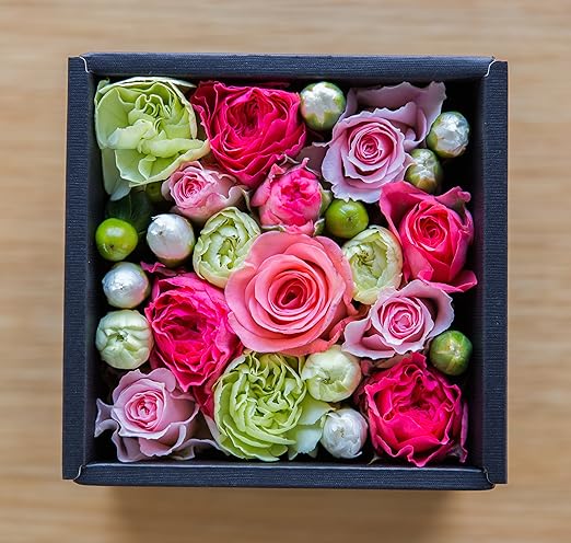 Amazon 花 ギフト フラワーボックス アレンジメント プレゼント サプライズ お祝い 誕生日 記念日 ブラックボックス ライム ピンク Lp2 フラワーアレンジメント オンライン通販