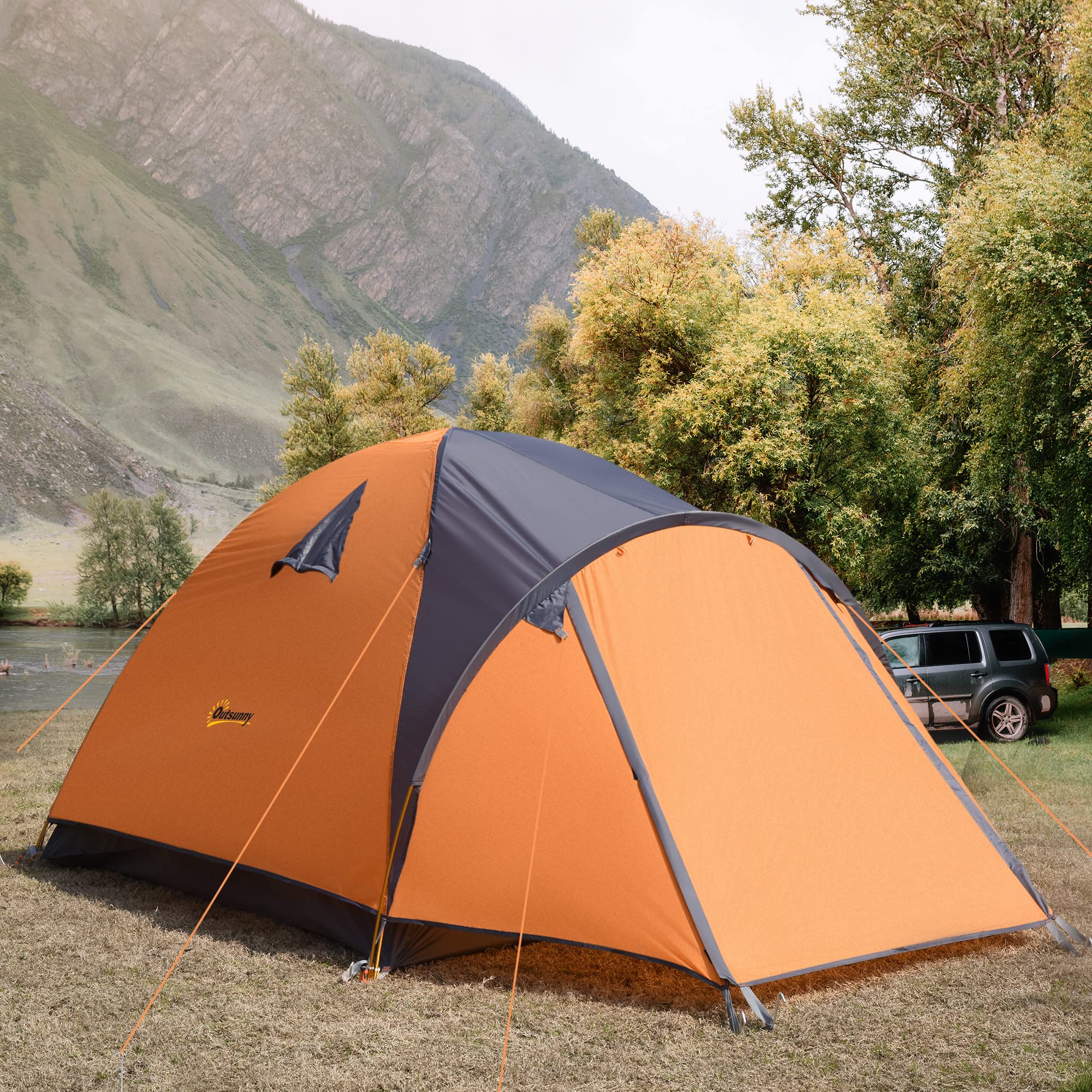 Outsunny Camping Tent with Porch for 4 People, Compact Portable Travel Camping Gear with 3 Doors, Outdoor Dome Tent for Backpacking Hiking or Beach with Windows, Carrying Bag, Orange