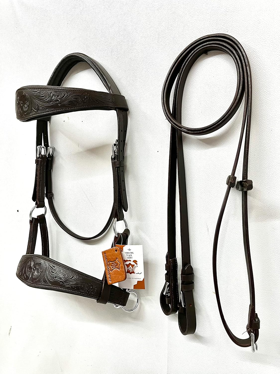 AMAZING HORSE STUFF サイドプル ビットレス ブライドル デザイナー手彫り 眉と鼻バンドに彫刻 楕円形 ブラウン