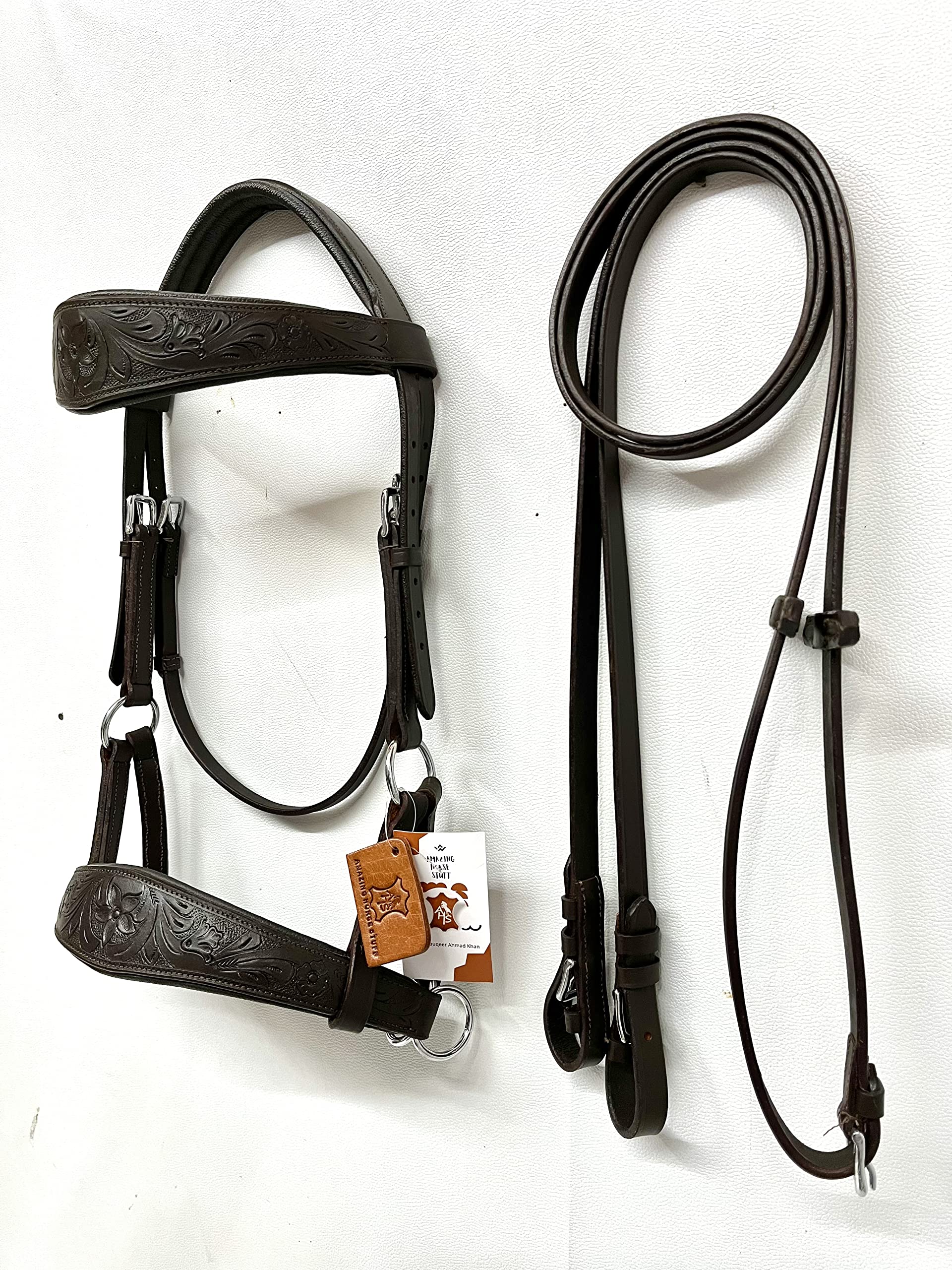 Sidepull gebisslose Trensenzaum Designer-Handschnitzerei Augenbraue Reithalfter oval braun Full Cob Pony