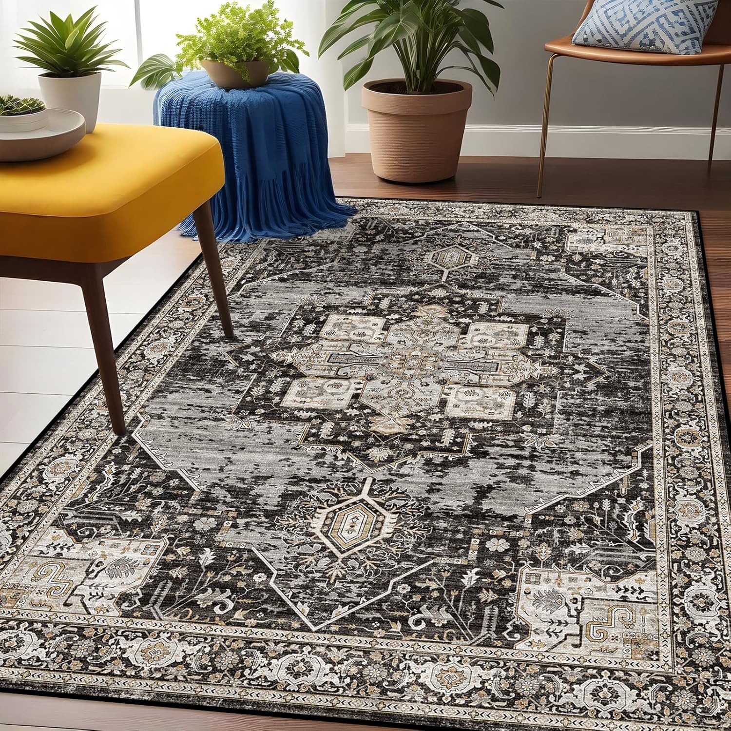 Washable 3x5 Area Rug - Soft Area Rugs for Living Room Stain Resistant Carpet Vintage Lightweight Rugs for