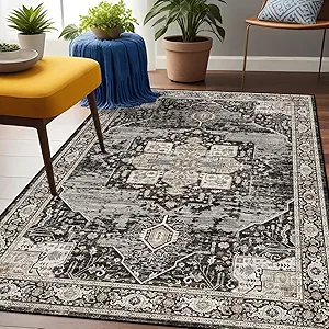 Washable 3x5 Area Rug - Soft Area Rugs for Living Room Stain Resistant Carpet Vintage Lightweight Rugs for Bedroom Kitchen entryway with Non Slip Backing Home Decor Small Mat 3X5 Black