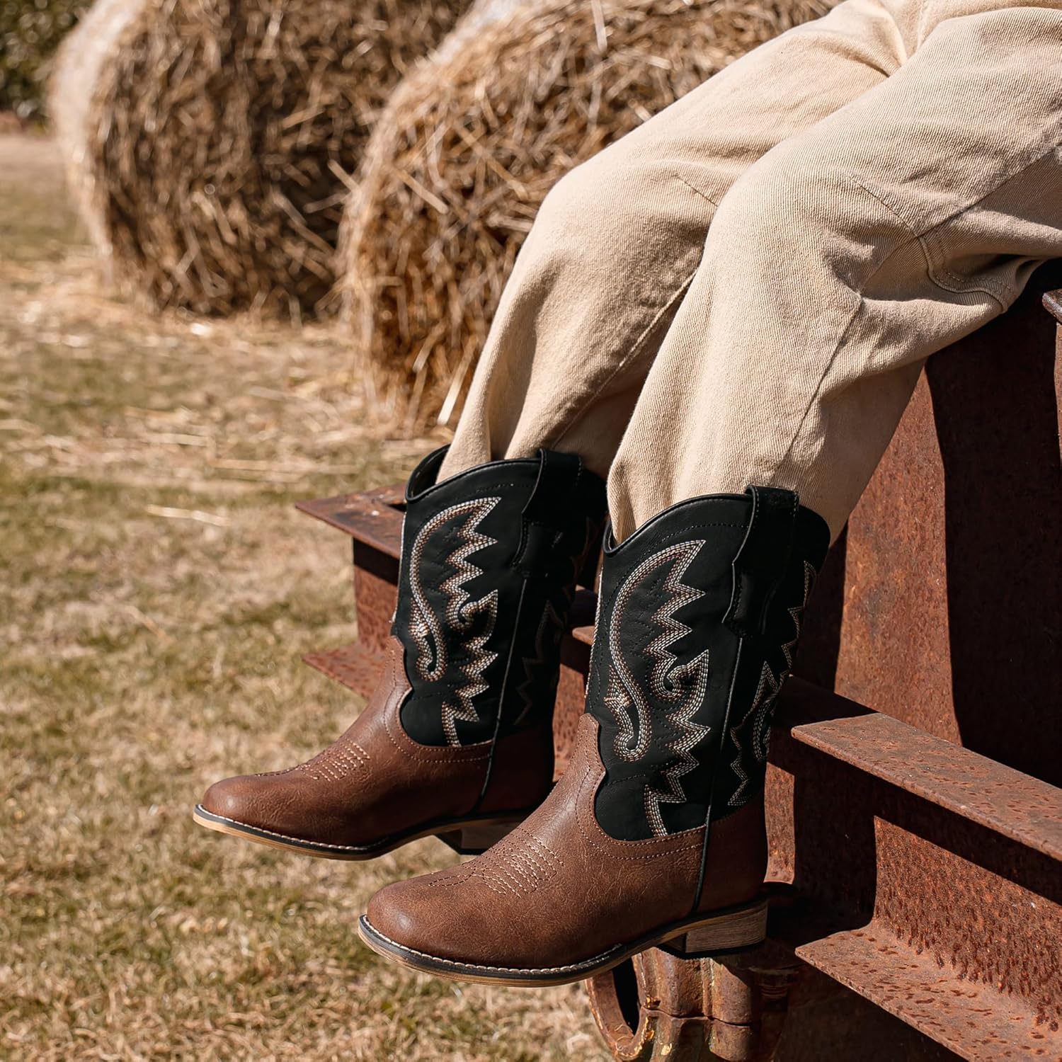 Boys Cowboy Boots Western Square Toe Boots, Pull-On Mid Calf Embroidered Boots for Toddler Little Big Kid - Image 2