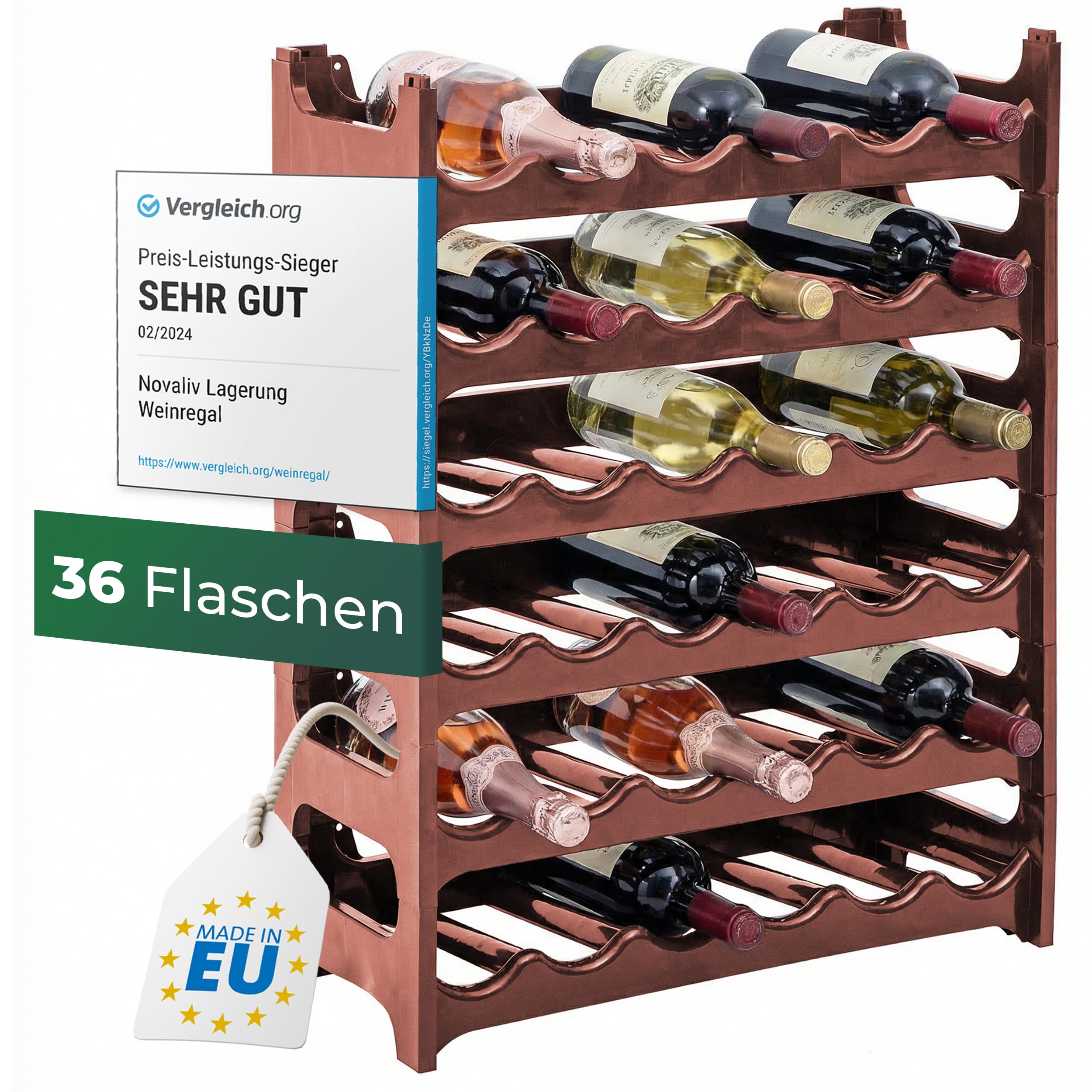 Novaliv Botellero para 36 botellas, estantería marrón, de plástico resistente, apilable (marrón, 6)