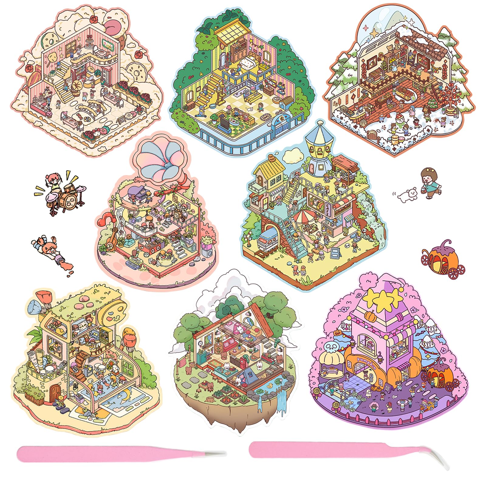 Inchant 8 Sets DIY 3D House Scenes Stickers Make Your Own Cute and Funny Cartoon Mini Room Scenes Stickers for Adults & Kids Relief Stress Pass Time