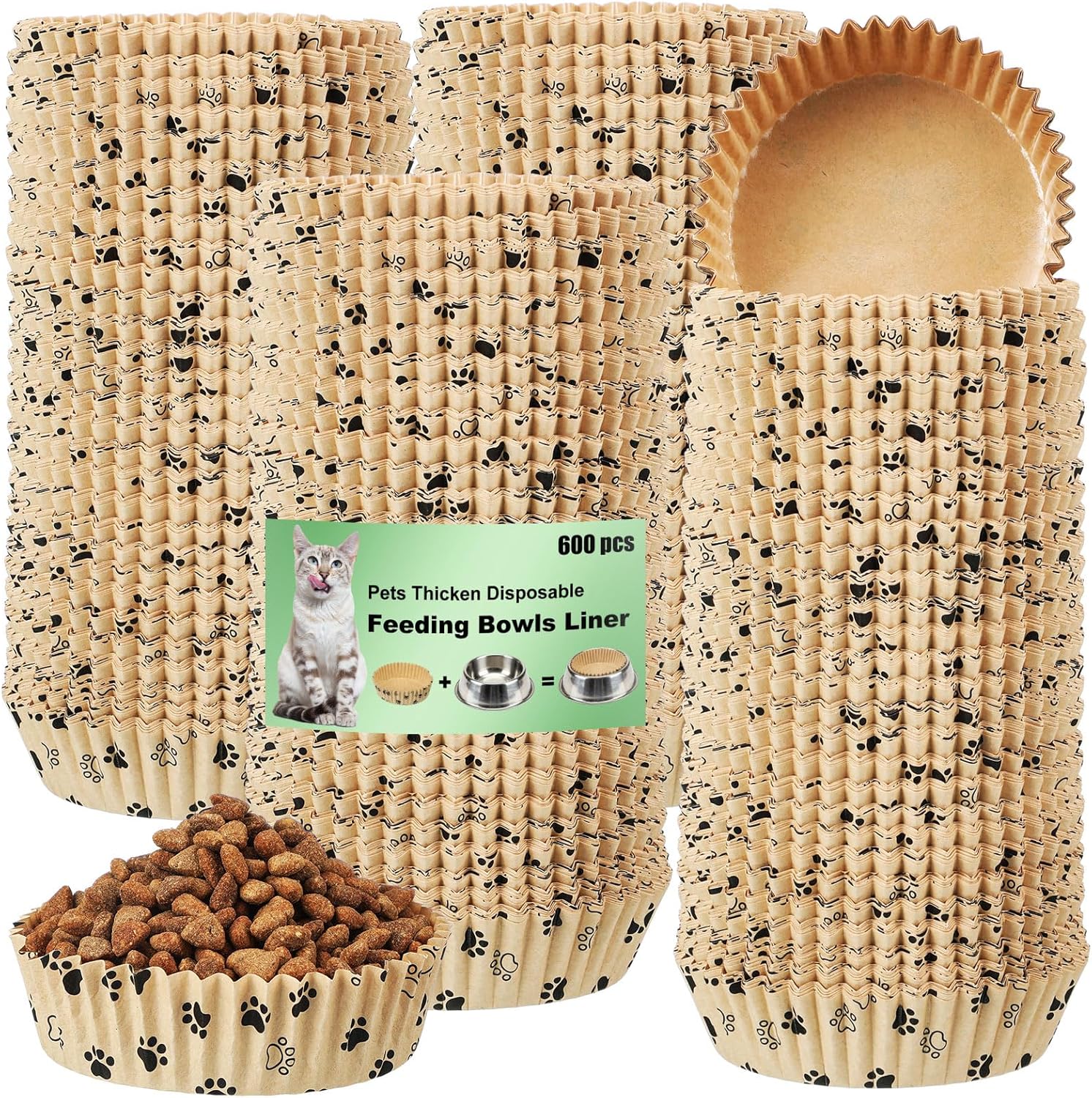 meekoo 600 Pcs Large Pet Disposable Feeding Bowls Liner Bulk Cat Food Bowls Small Paper Dish Paper Liner for Small Dogs Cats Dish Wet Food Feeding Station (Khaki,Paw)