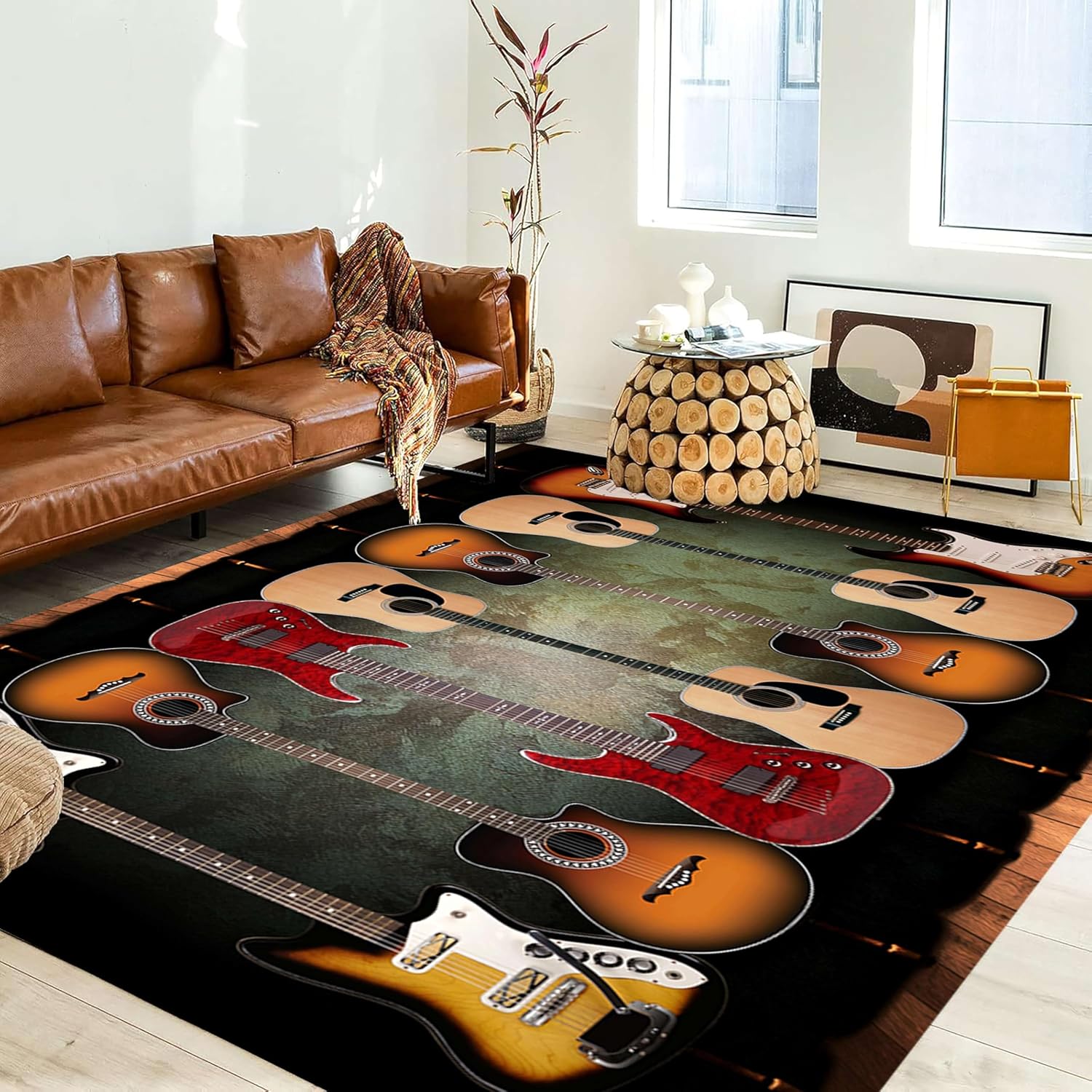 Music Area Rug, 4x6ft, Rock Electric Guitar Music Rugs, American Guitars Instrument 6D Carpet Living Room Bedroom Atmosphere Decoration Floor Mat Study Game Room Carpets Personalized Gift