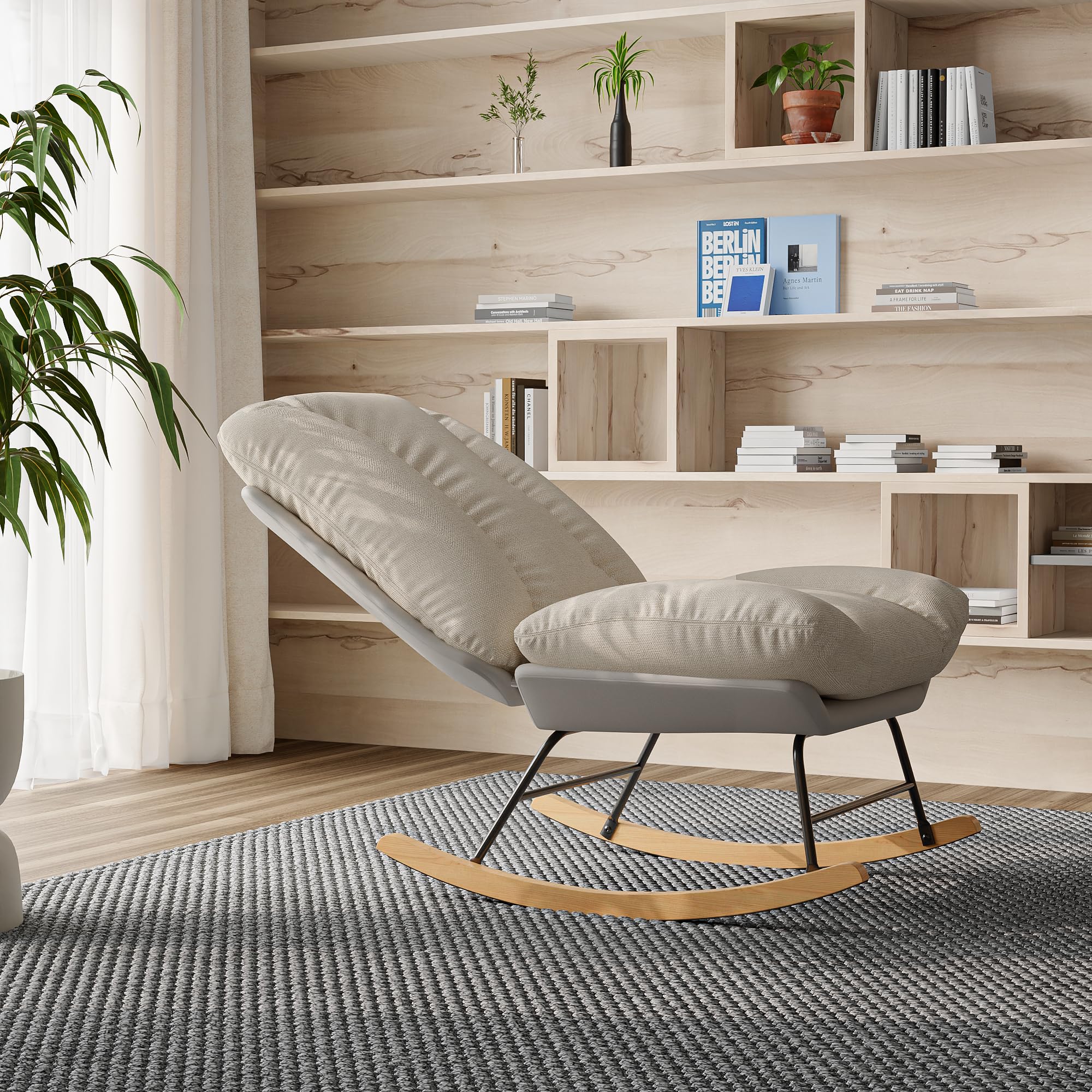 Fauteuil à Bascule, Rocking Chair, revêtement Bouclette, Fauteuils Allaitement, Chaise à Bascules, Fauteuil à Bascule Moderne, Rembourré en Tissu Beige, Cadre en Métal et Bois, Beige