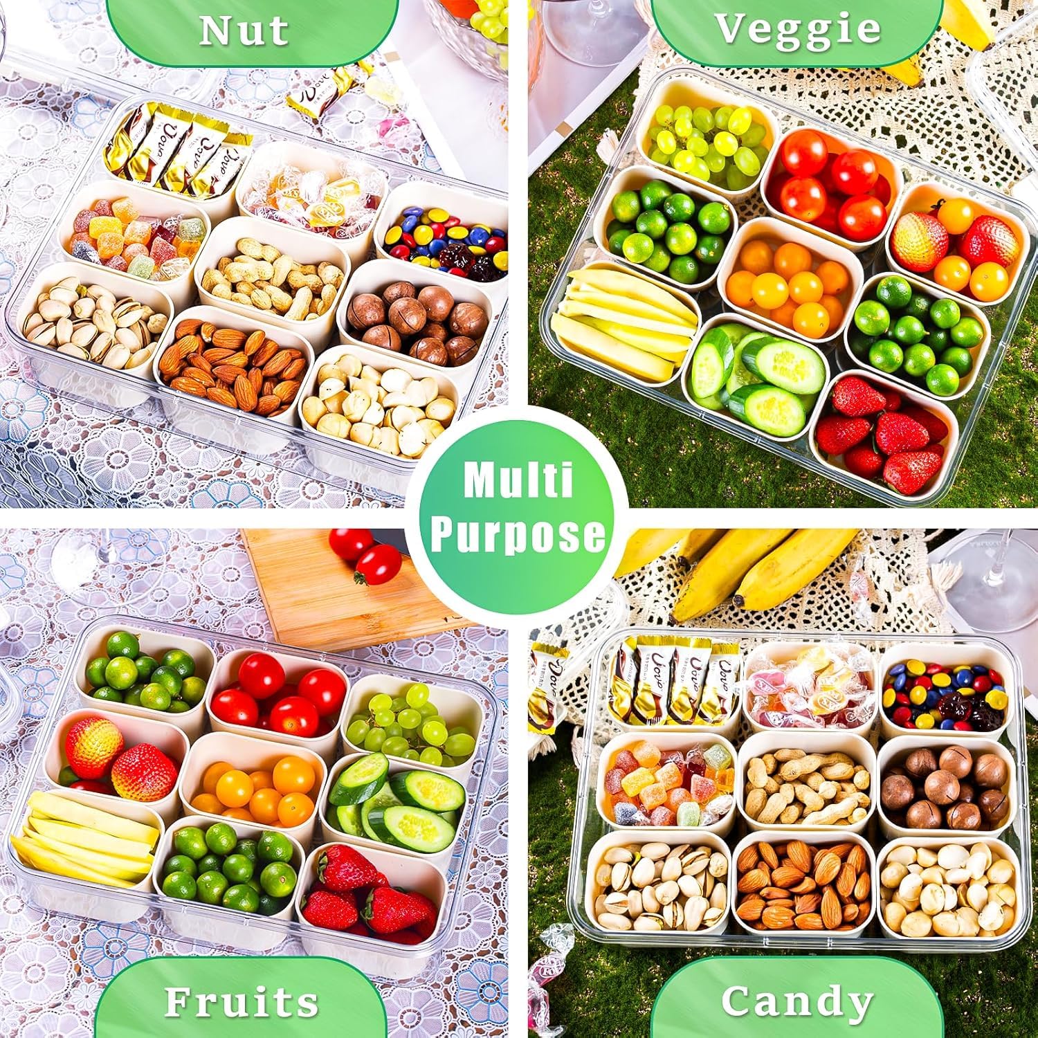 Boîte à Snacks 9 Compartiments Avec Couvercle - Plateau Repas Picnic Fruits Noix - Idéal Famille