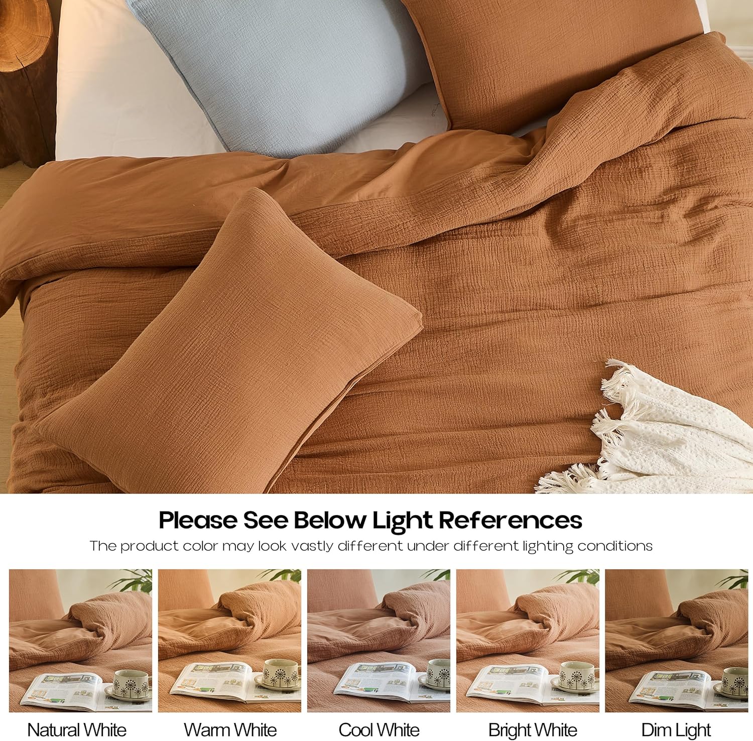 Simple&Opulence Linen Muslin Duvet Cover Set Queen Size, 3Pcs Rust Linen Cotton 3-Layer Gauze Minimalist Comforter Cover 88”x92”, Ultra Soft Breathable Seersucker Bedding Set with 2 Pillowcases - Image 7