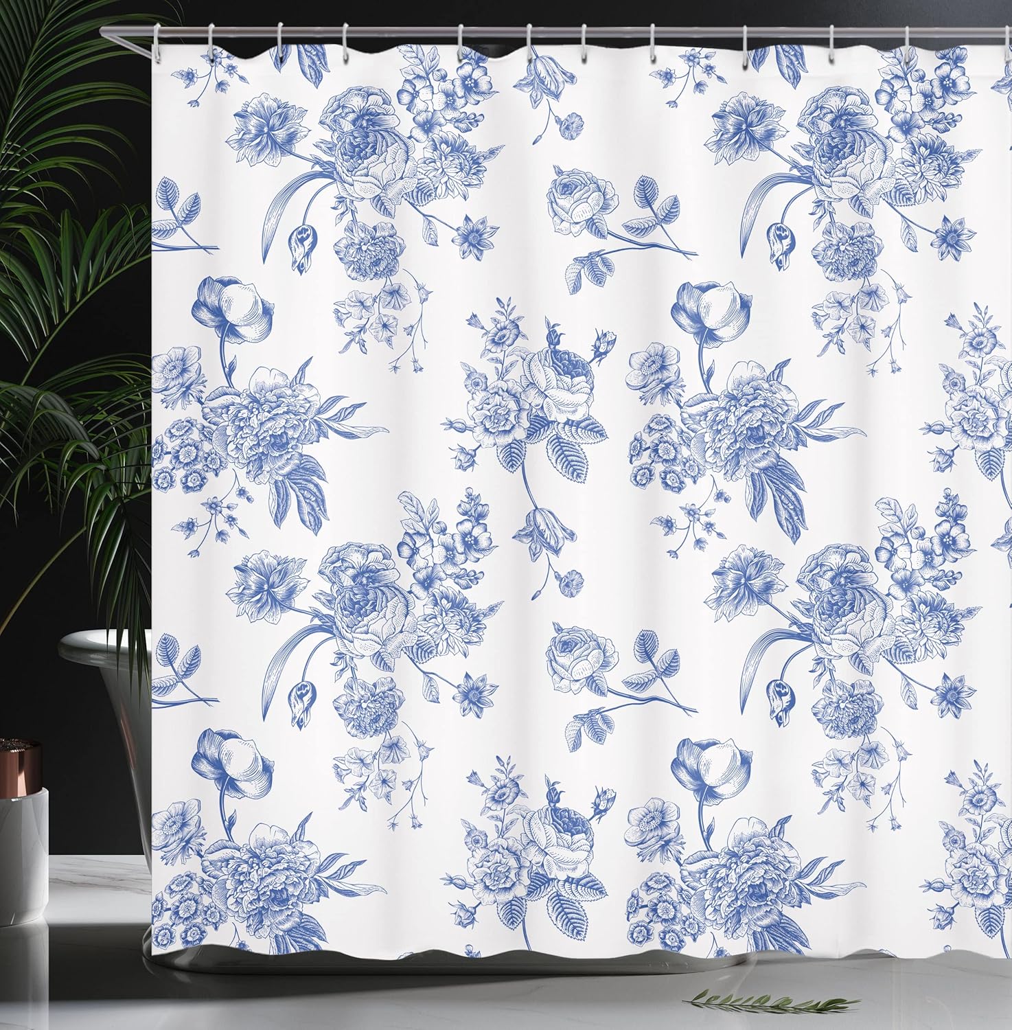 Ambesonne Botanical Shower Curtain, Vintage Floral Pattern Victorian Classic Royal Inspired Plants Modern Art, Cloth Fabric Bathroom Decor Set with Hooks, 69" W x 75" L, Cobalt Blue