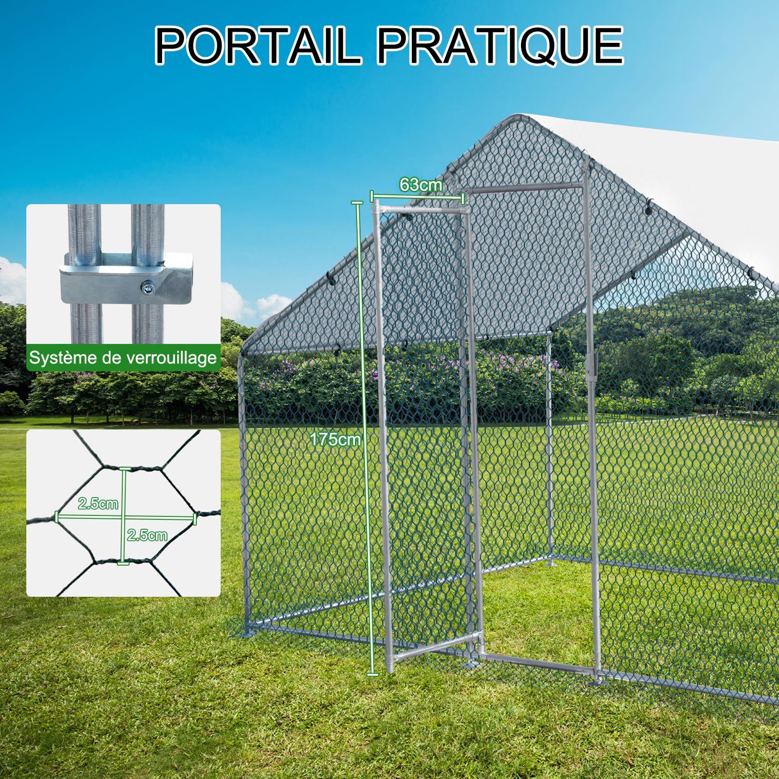 Enclos poulailler 2x2x2 m, 4 m²-Parc grillagé, Acier galvanisé, Argent, pinacle