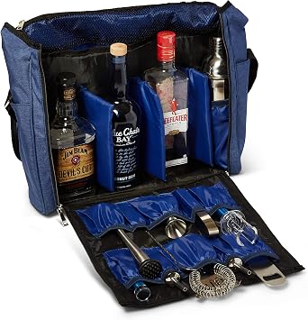 Travel Bar Bag Navy Blue & Black, Water Resistant, Bartending Supplies, Pockets for Carrying Cocktail Kit Bag Only, 13.8H X 12.5W X 4.7D
