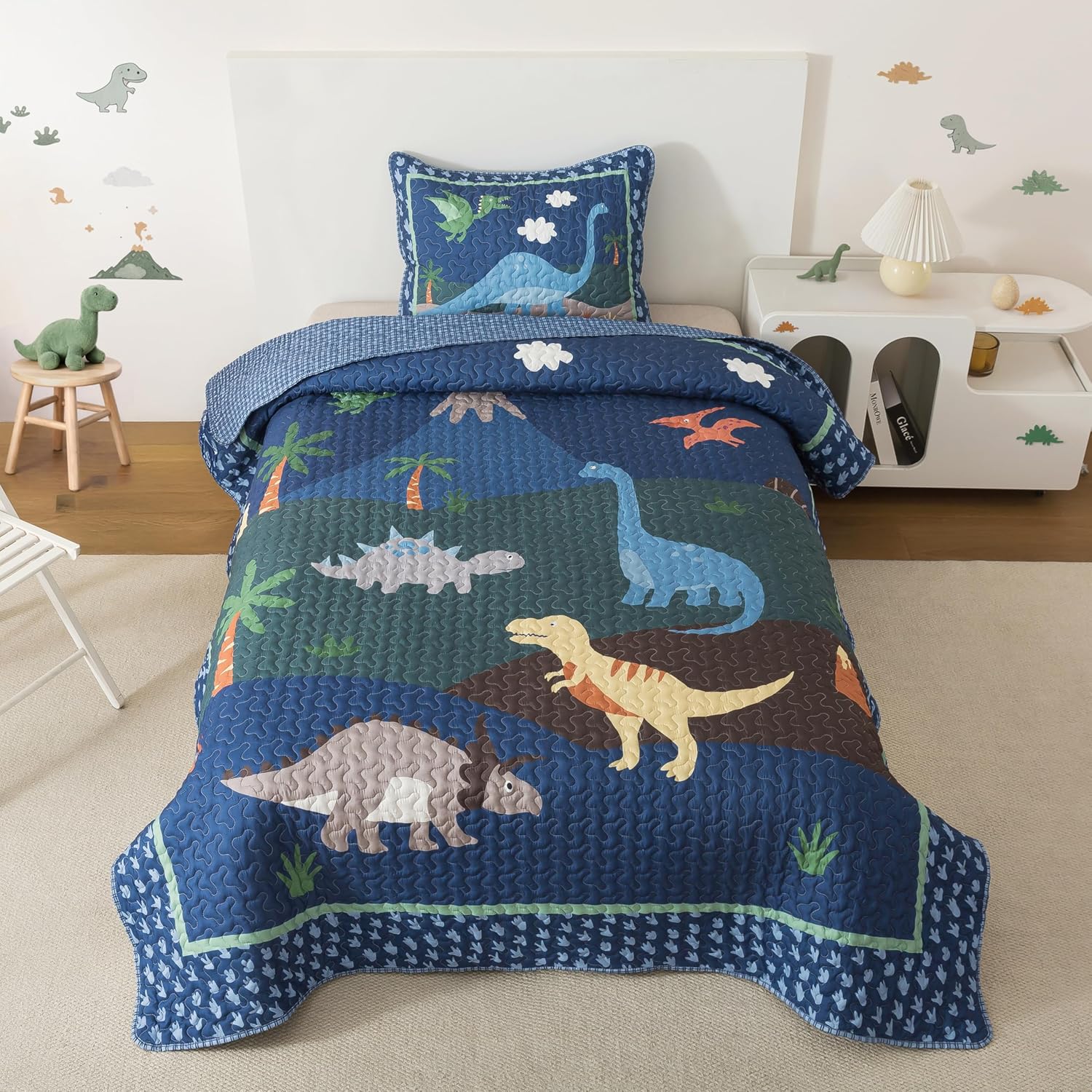 Soul & Lane Dinosaur Quilt Set – Twin and 1 Sham, Kids Dinosaur Bedding for Boys, Toddler Twin Comforter and Dino Bedspread, Reversible T-Rex Bedding with Blue Check Pattern, Dino Delight - Image 3