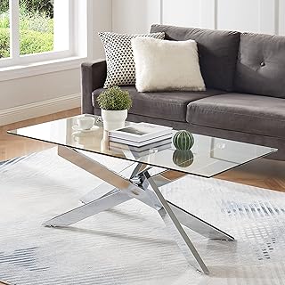 Rectangle Modern Coffee Table, Tempered Glass Top and Metal Tubular Leg,...