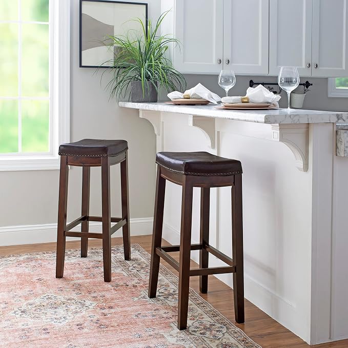 Linon Home Décor Banco con asiento de cuero sintético marrón miniatura 11