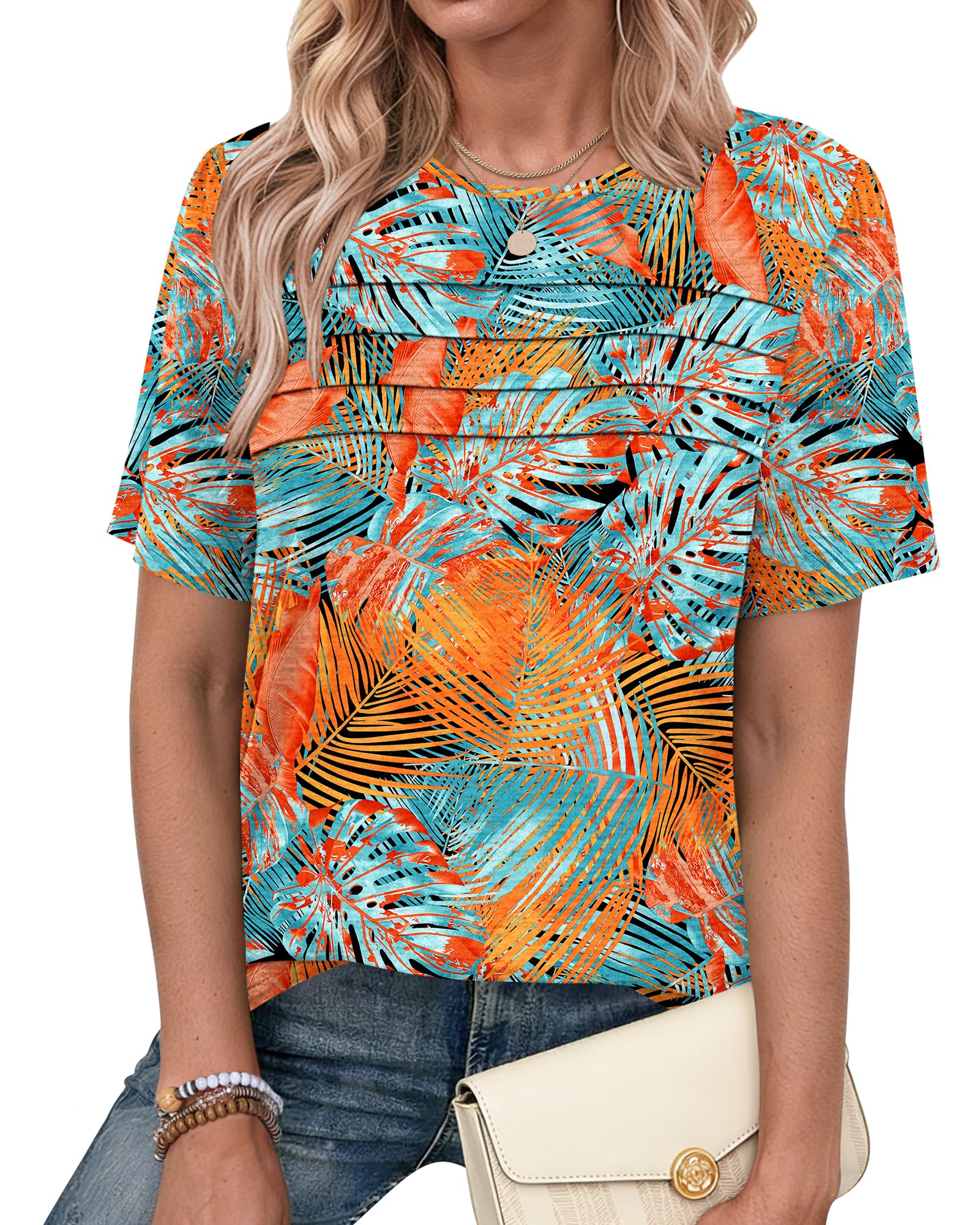 PLMOKEN Womens Summer Tops Short Sleeve Pleated Front Ladies T Shirts Round Neck Blouses Elegant Tunic Tops Casual — view 8