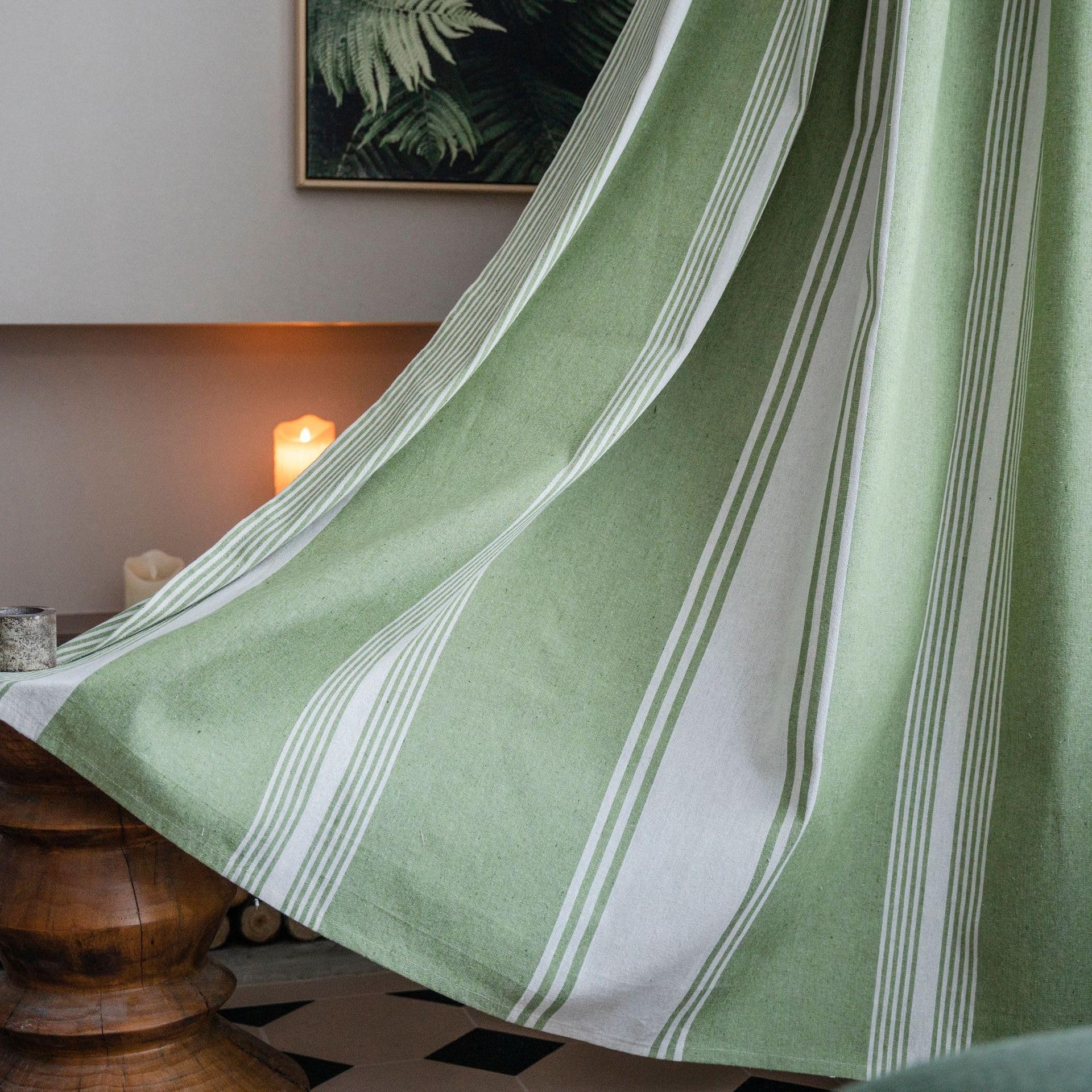 Plancholo Boho Curtain 63 Inch Length 1 Panel Stripe Cotton Linen Farmhouse Semi Blackout Drape Rod Pocket Window Curtain Panel for Bedroom Living Room (59" W x 63" L, Green)