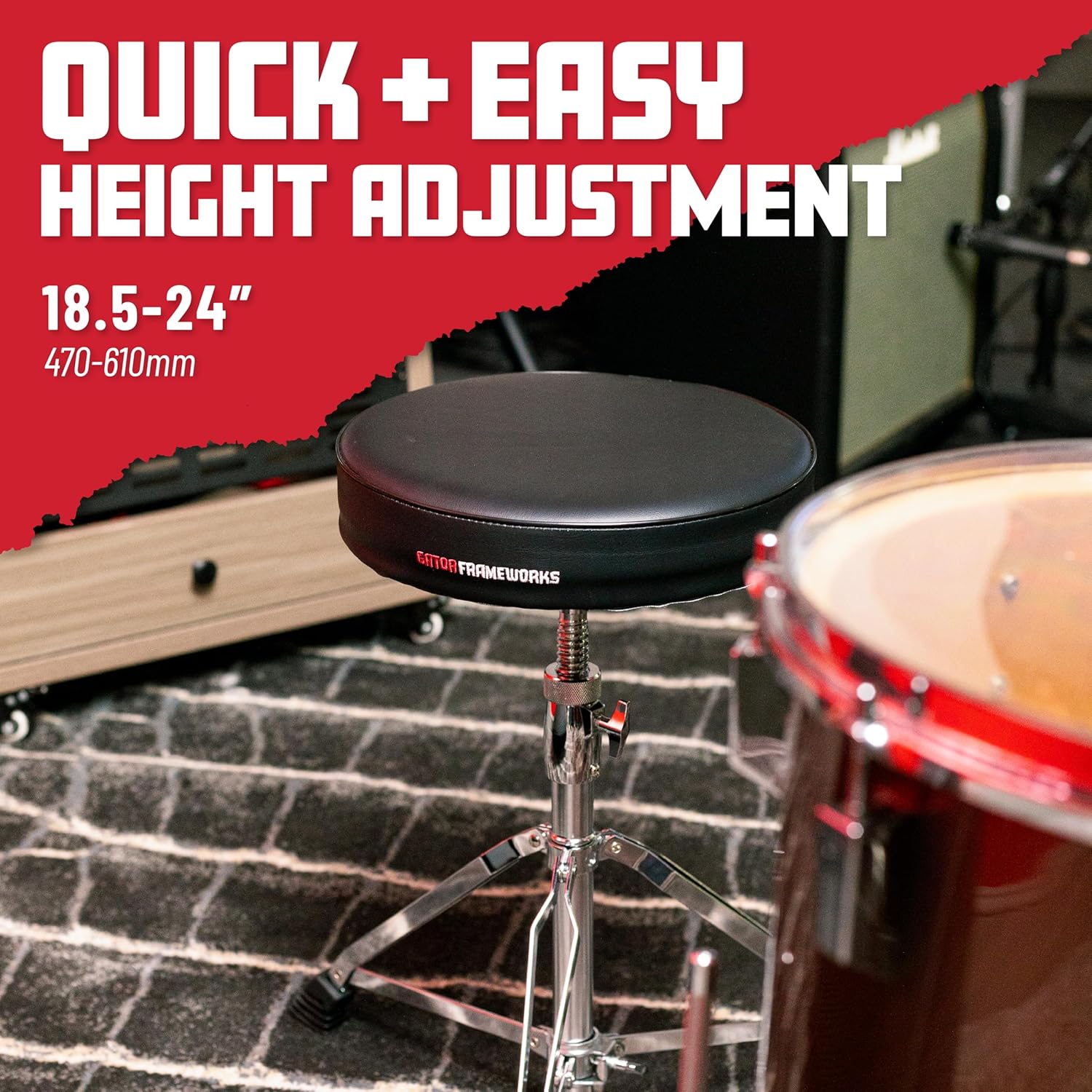 Gator Frameworks Universal Round-Top Drum Throne with Spindle Adjustment, 325lb Weight Capacity (GFW-DRUMTHRONE-R)