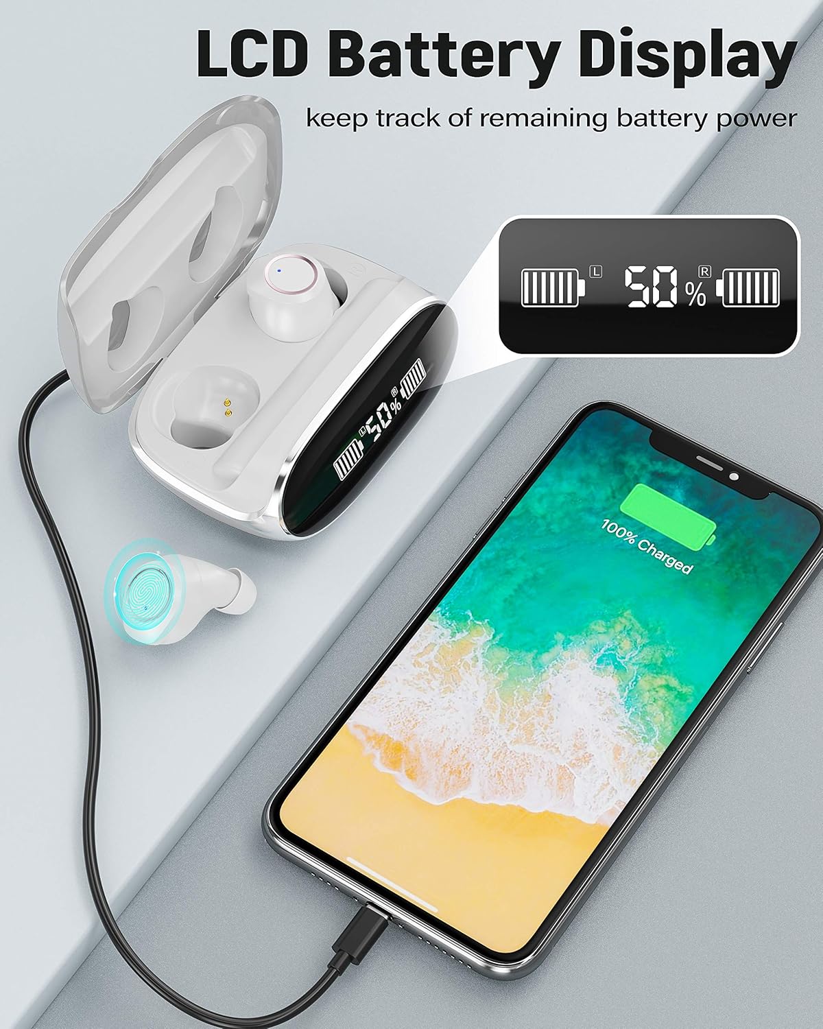 KUNGIX X13 Earbuds charging with LCD battery display