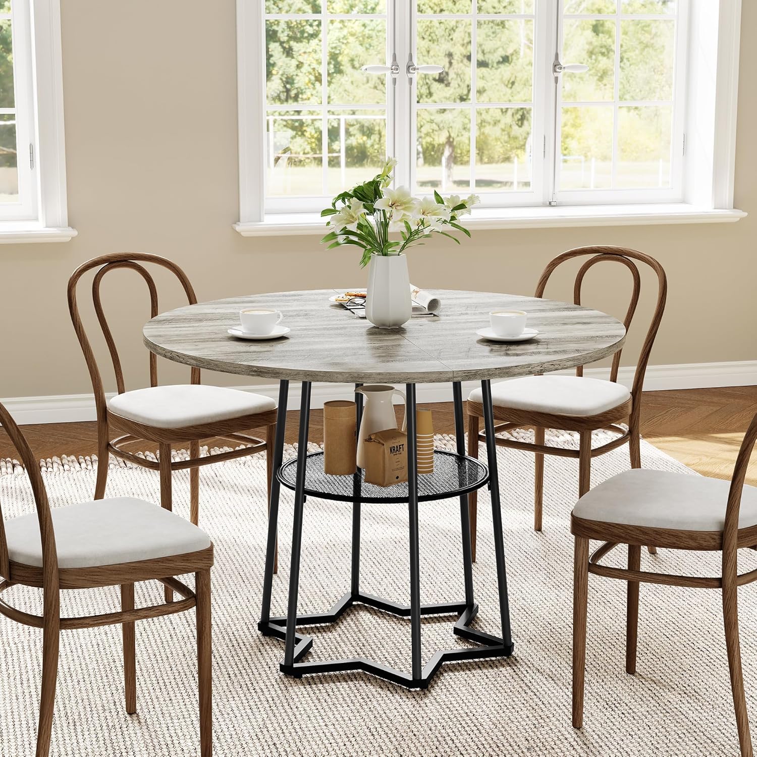 Round Dining Table Circle Storage Round Mesh Storage Rack Hexagonal Metal Base - Picture 15 of 18