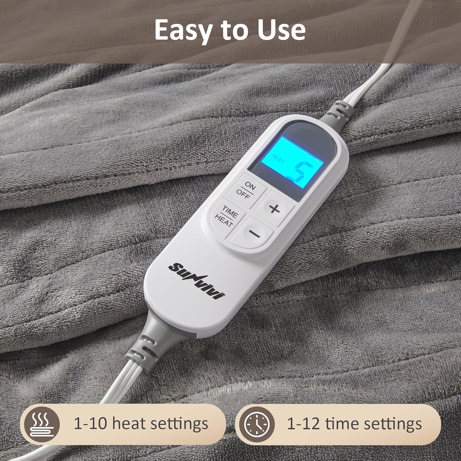 SUNVIVI Heated Blanket Queen Size, Electric Throw Dual Control, 5 Years Warranty, 10 Heat Settings, 12 Hours Auto Off, Soft Flannel and Sherpa, Machine Washable, ETL Certified,Grey - Image 7