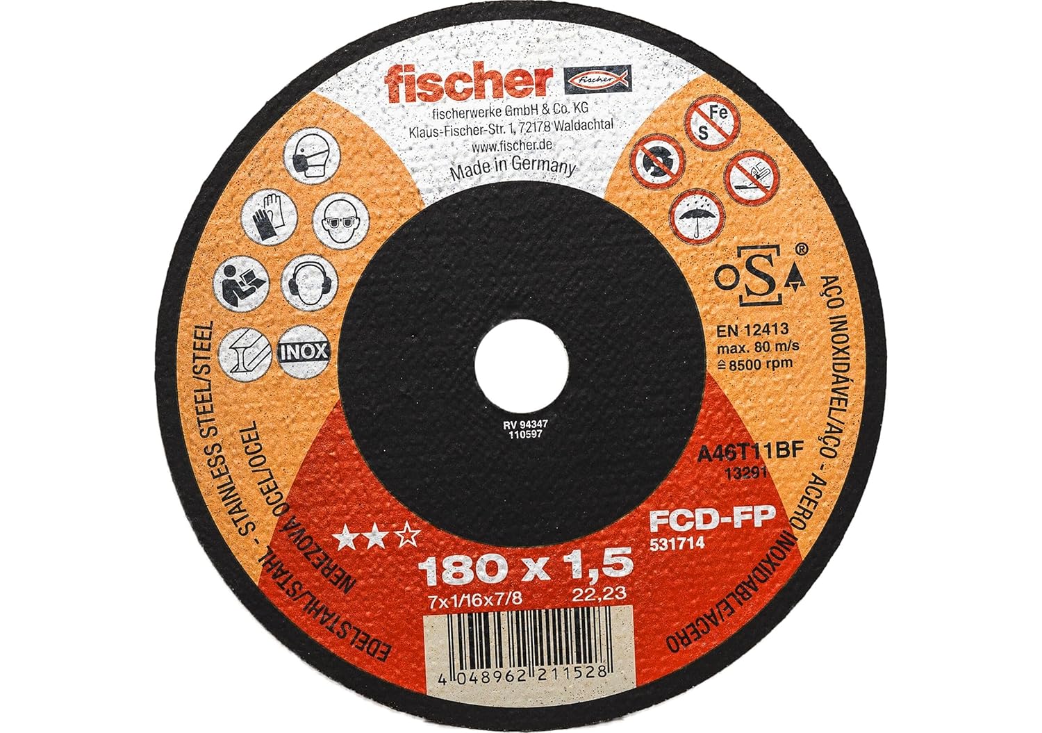 Fischer FCD-FP 180 x 1.5 INOX Cutting Disc for Metal and Stainless Steel with High Performance, Type 41, for Angle Grinders, Pack of 1
