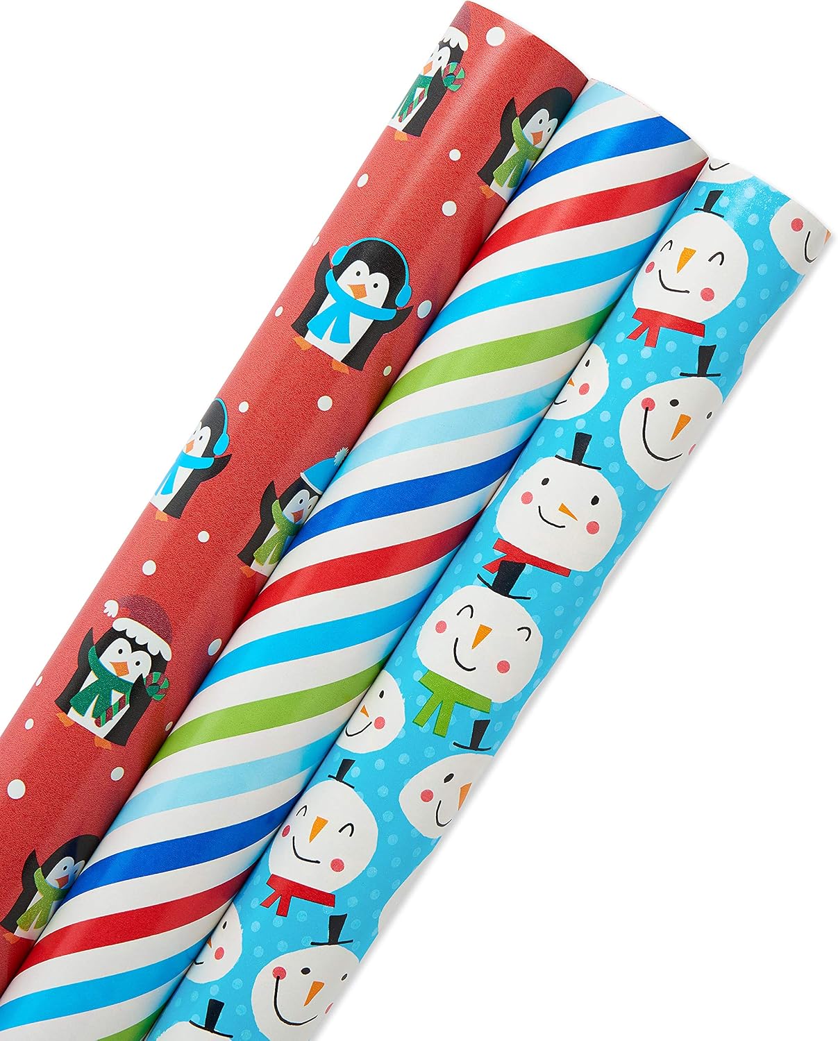 American Greetings Reversible Kids Christmas Wrapping Paper Rolls, Red, Blue, Green Holiday Gift Wrap (120 sq. ft., 3 Wide Rolls-40 in. x 12 ft.) Penguins, Snowmen, Merry Christmas, Ho Ho Ho