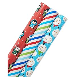 American Greetings Reversible Kids Christmas Wrapping Paper Rolls, Red, Blue, Green Holiday Gift Wrap (120 sq. ft., 3 Wide Rolls-40 in. x 12 ft.) Penguins, Snowmen, Merry Christmas, Ho Ho Ho