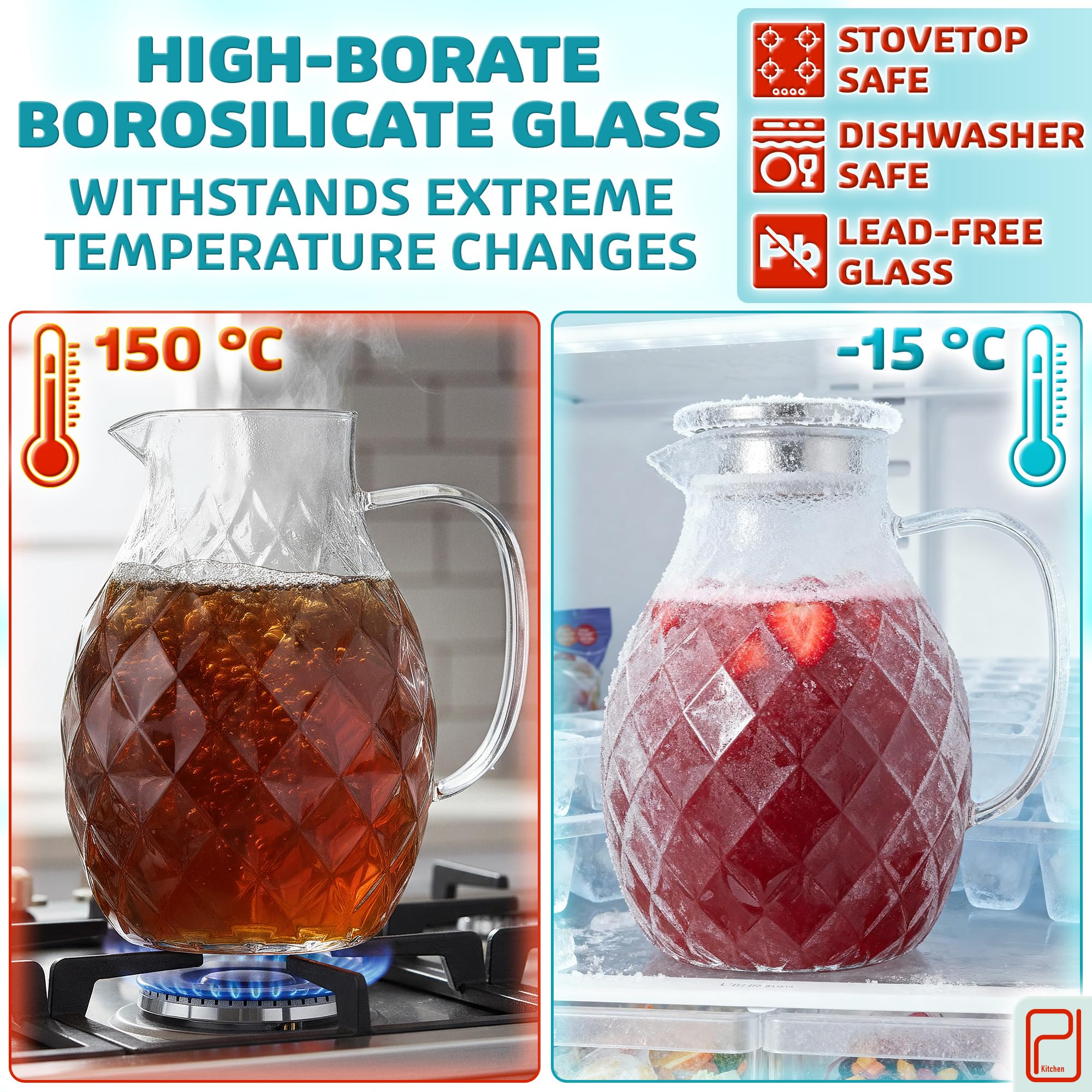 Premium Jarra de Vidrio Borosilicato + Tapa + Boquilla - 2 Litros, Pack de 2 - Jarra de Agua de Borosilicato con Asa - Jarra para Bebidas Calientes/Frías - Jarra para Té Helado