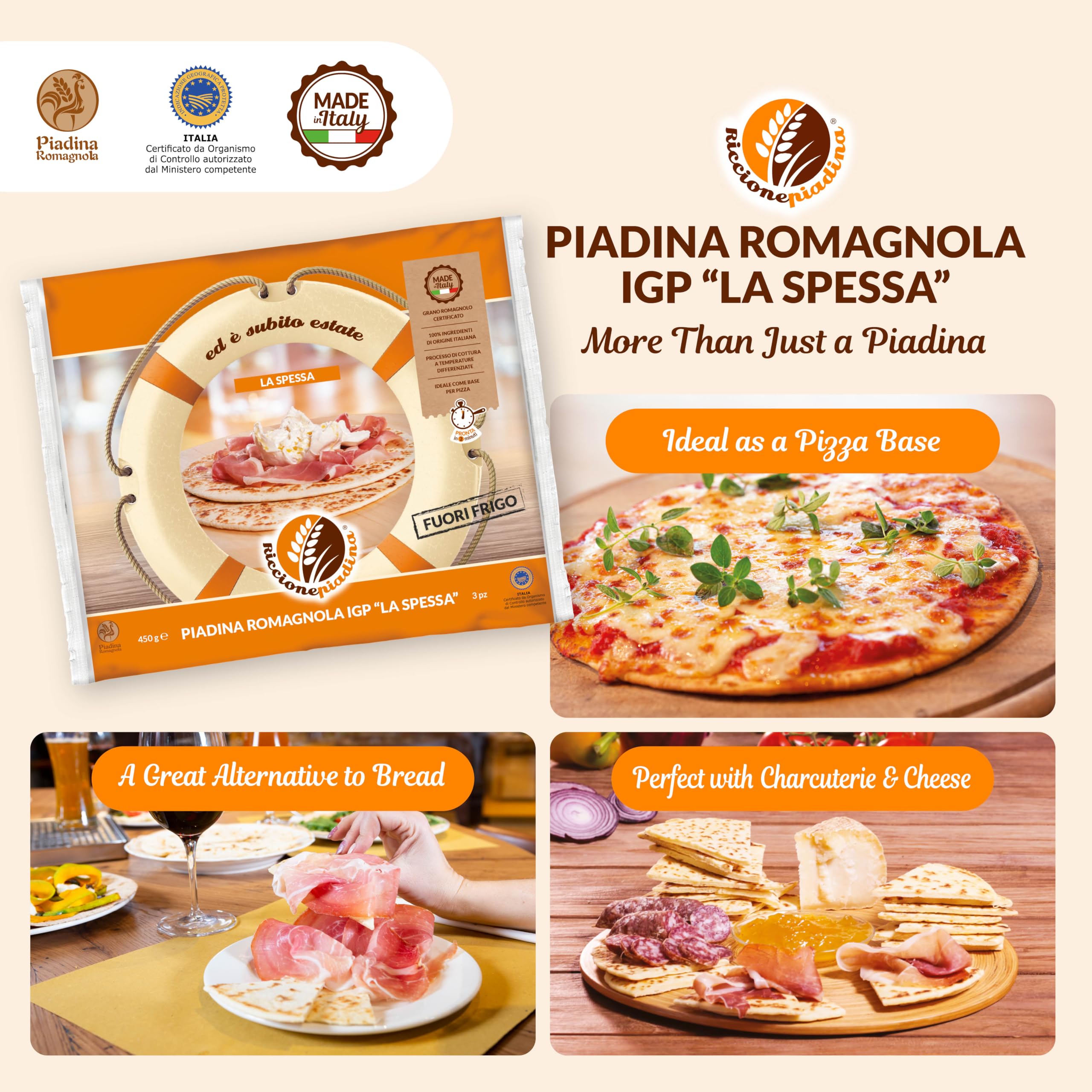 Piadina Romagnola IGP La Spessa Fuori Frigo - 10 Confezioni da 3 Piadine (450 g) - Alta e Soffice, Ideale come Base per Pizza, Grano Romagnolo Certificato