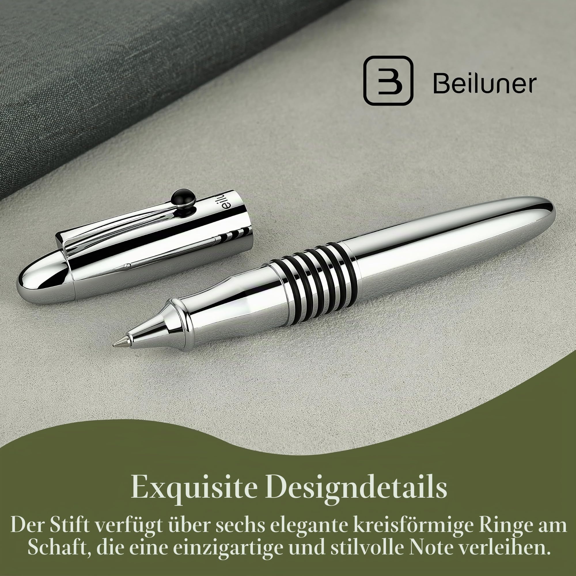 BEILUNER 320 Luxus Rollerball Pen, Poliertes Chrom Metallgehäuse mit Schmidt Tintenpatrone, Schweres EDC Executive Geschenkset für Männer & Frauen, Professioneller Bürostift - Silber Chrom