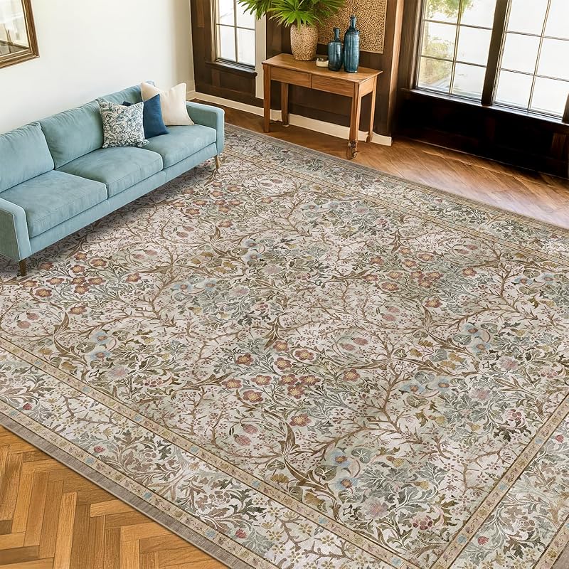 Vintage Moss Green Living Room Rug, Neutral Taupe 8x10 Washable Area Rugs for Bedroom, Dining Room Rugs Under Kitchen Table, Oriental Non-Slip Low Pile Stain Resistant Large Rug