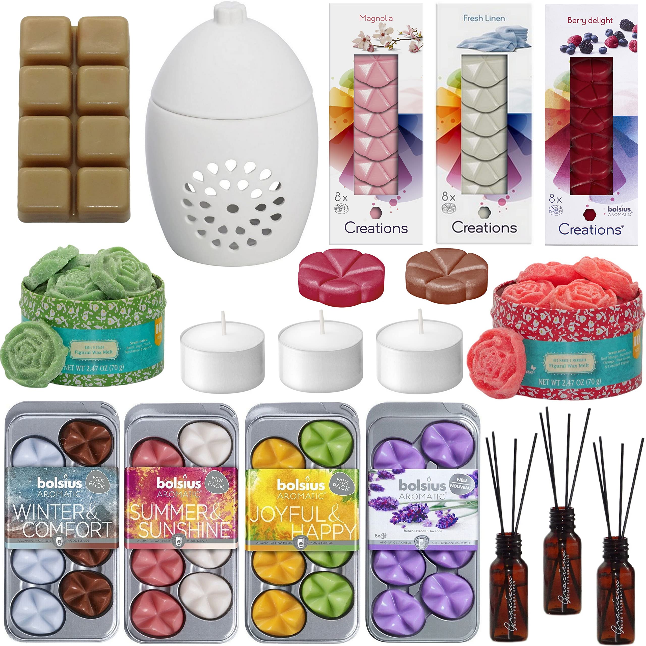 150-teiliges Überraschungs Duftset: 96 Duftwachs Melts + 50 Teelichter + 3 Diffuser + Duftlampe, Aromatik Geschenkset Mix Paket verschiedene Düfte