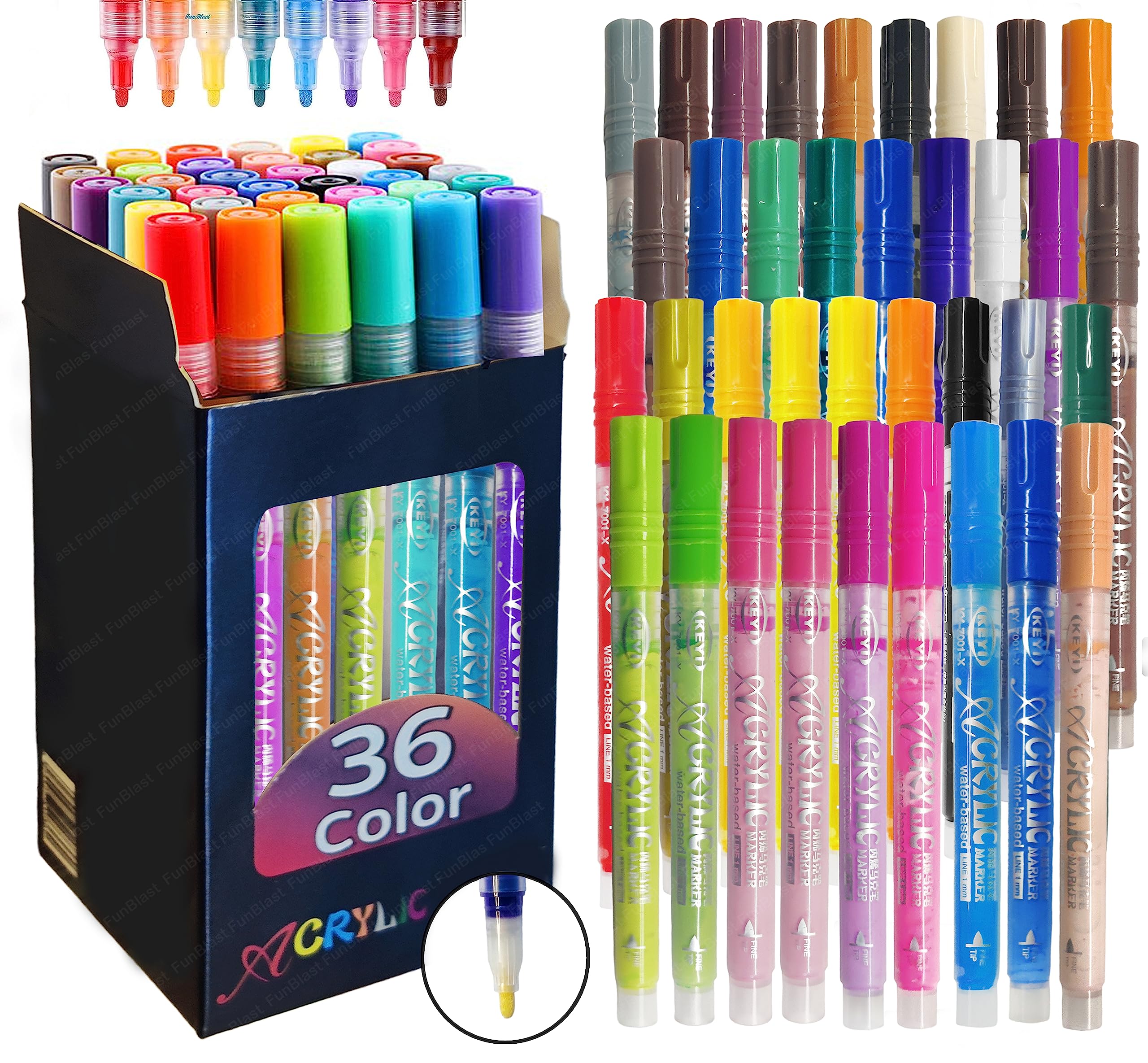 FunBlast 36 Colors Acrylic Color Markers for Art & Craft, Permanent Acrylic Paint Markers Ideal for Rock Painting, Canvas, Photo Album, Craft, School Project, Glass, Ceramic, Wood, Metal (36 Colors)