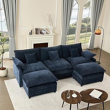 108" U Shaped Couch, Modular Sectional Sofa, 3-Seater Comfy Cloud Couch with Movable Ottoman, Deep Seat Couches for Living Room, Chenille, Navy