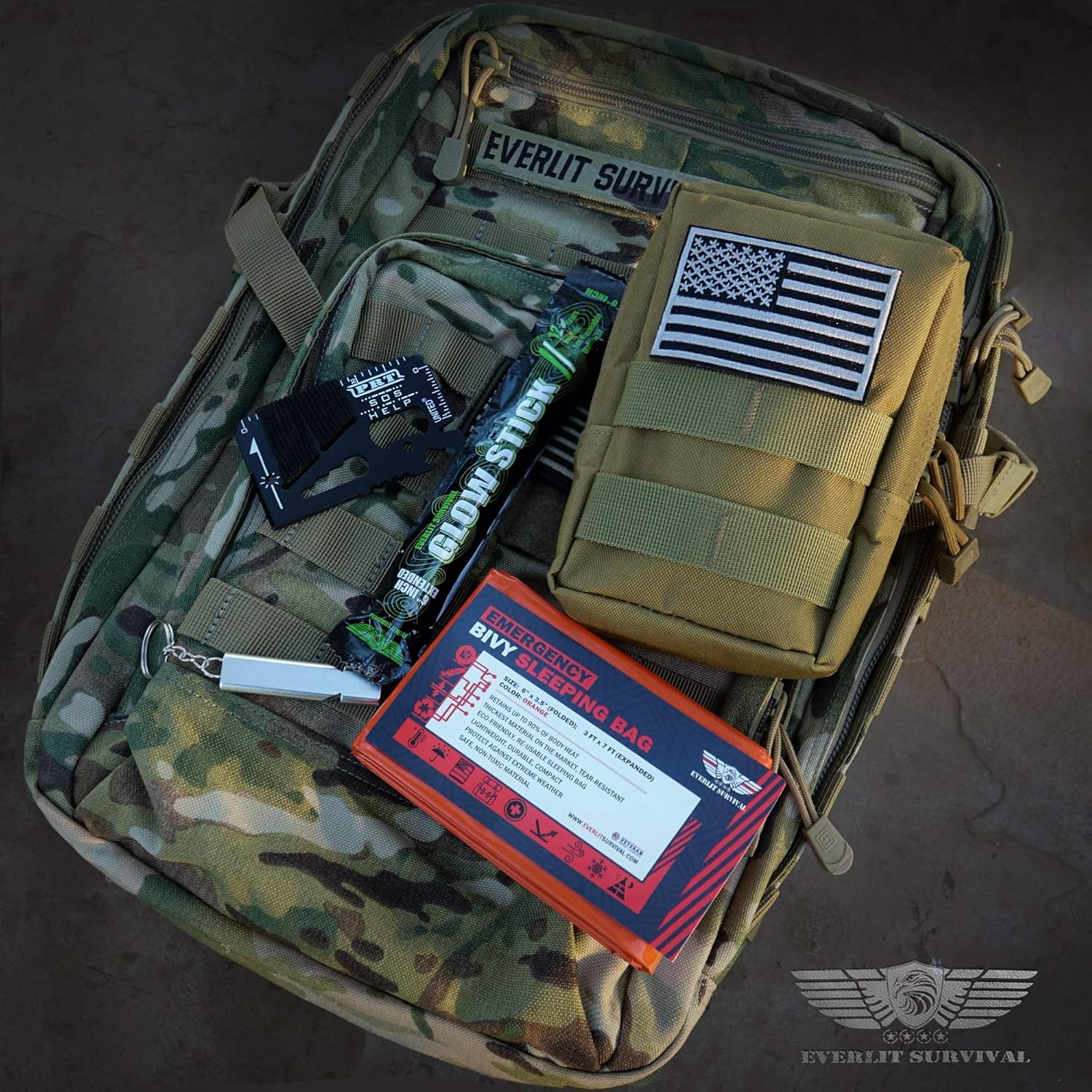 EVERLIT Bivy Sack Mylar Thermal Blanket Emergency Sleeping Bag Survival Kit, Glow Stick, Emergency Whistle, Multifunctional Tool Card, Tactical Pouch Perfect for Camping Hiking Outdoor (Tan) : Sports & Outdoors