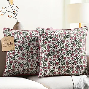 CPC 100% Cotton Throw Pillow Covers 20x20 Inch, Set of 2 Red Block Print Pattern Couch Pillow, Cute Boho Decorative Pillows for Living Room, Bedroom with Hidden Zipper- Red Garnet