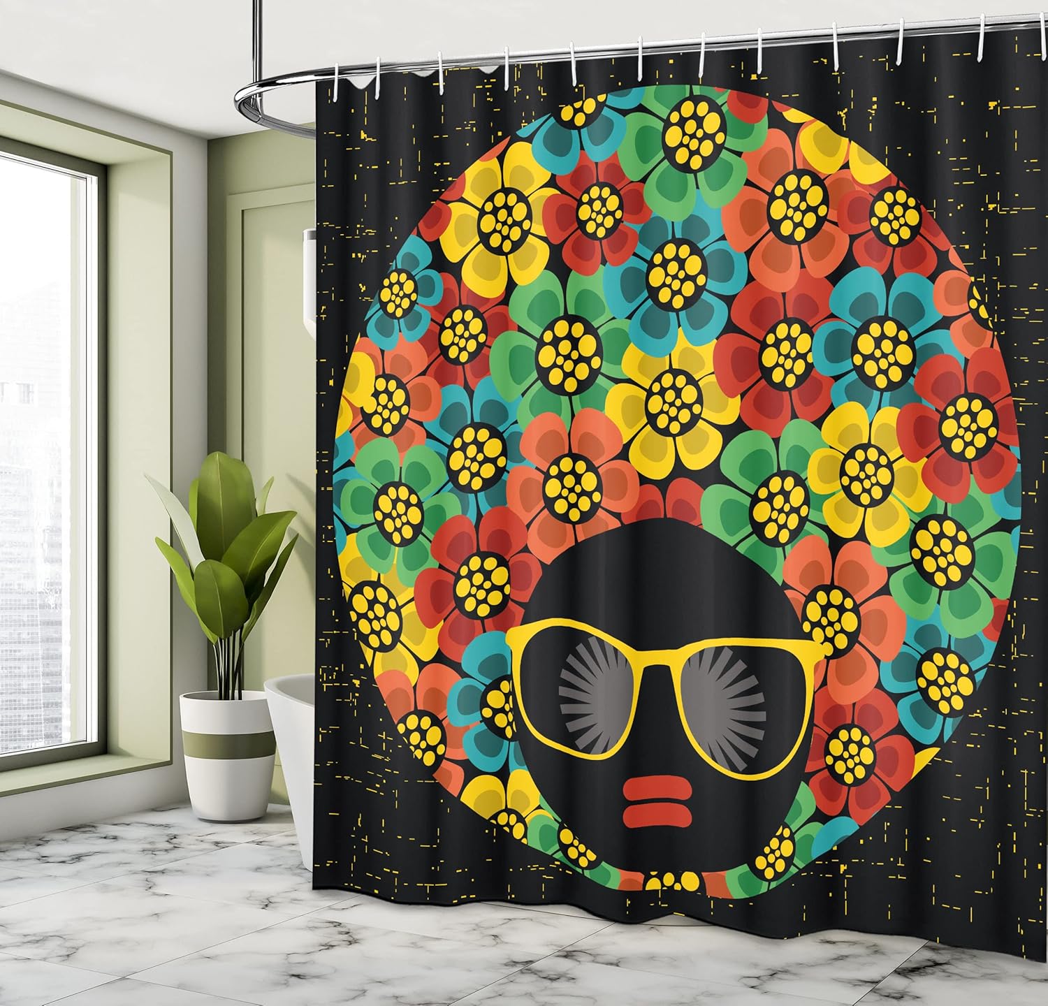 Ambesonne 70s Party Shower Curtain, Abstract Woman Portrait Hair Style with Colorful Flowers Sunglasses Lips Graphic, Cloth Fabric Bathroom Decor Set with Hooks, 69" W x 70" L, Ruby Orange
