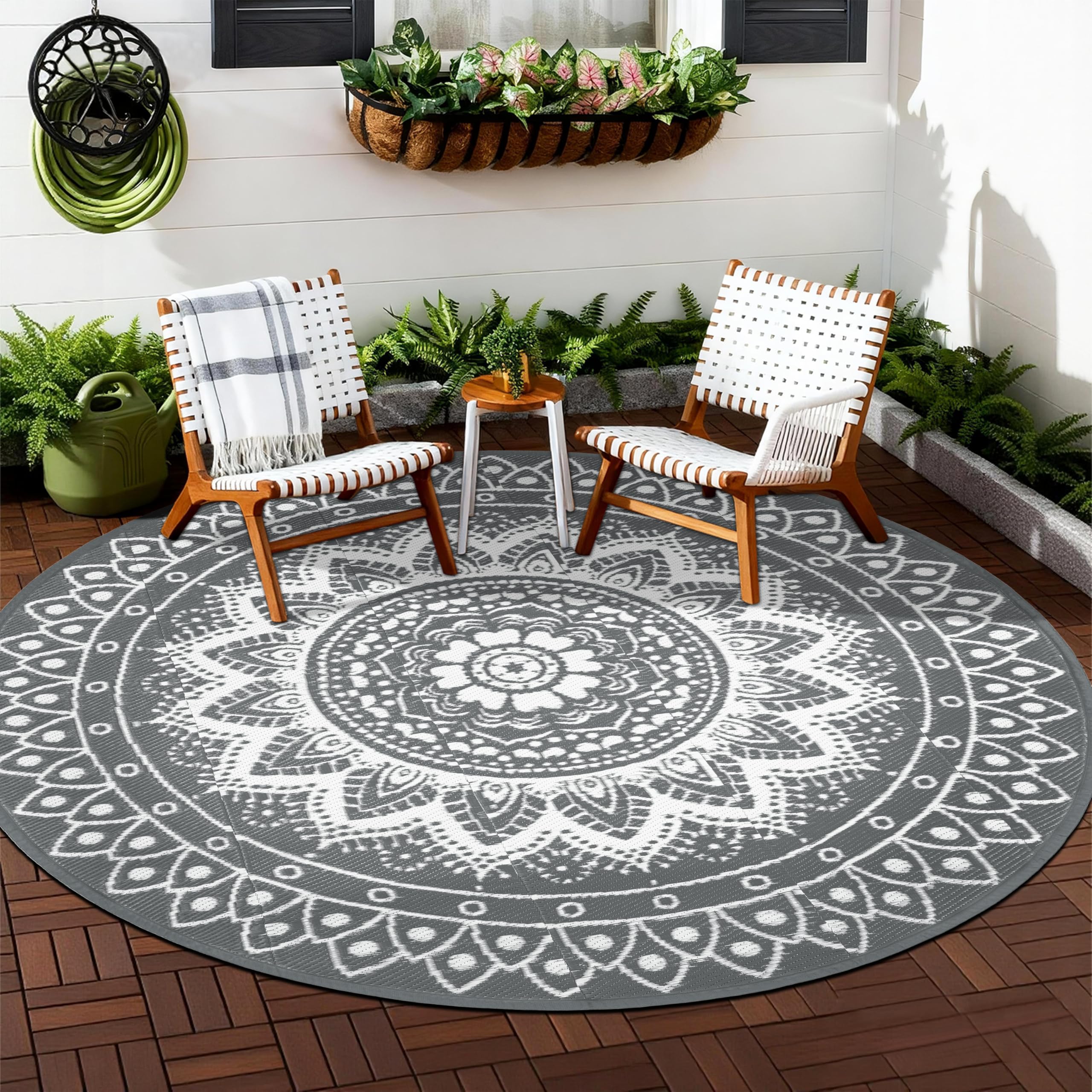 Tappeto da esterno rotondo 240cm reversibile impermeabile pieghevole bohémien Grigio/Bianco