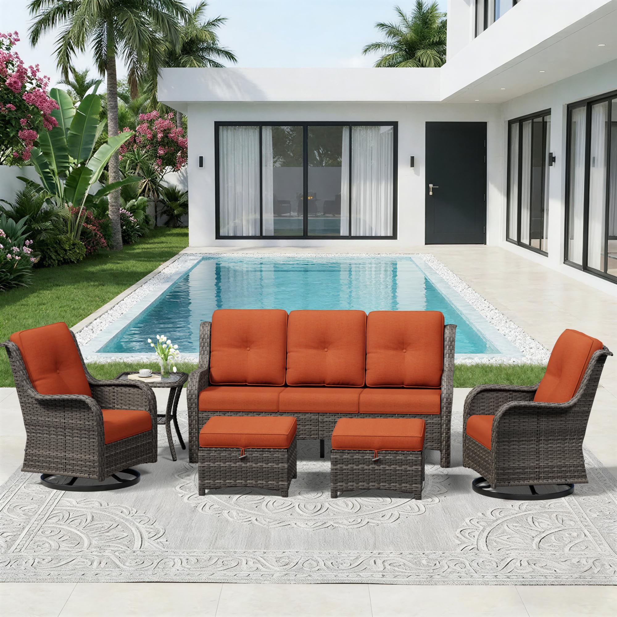 6 Piece Outdoor Wicker Patio Furniture Set, Outdoor Swivel Rocker Patio Chairs Set with Thickened Olefin Cushions, High Back and Deep Seating, Hand-Woven PE Rattan for Porch, Deck