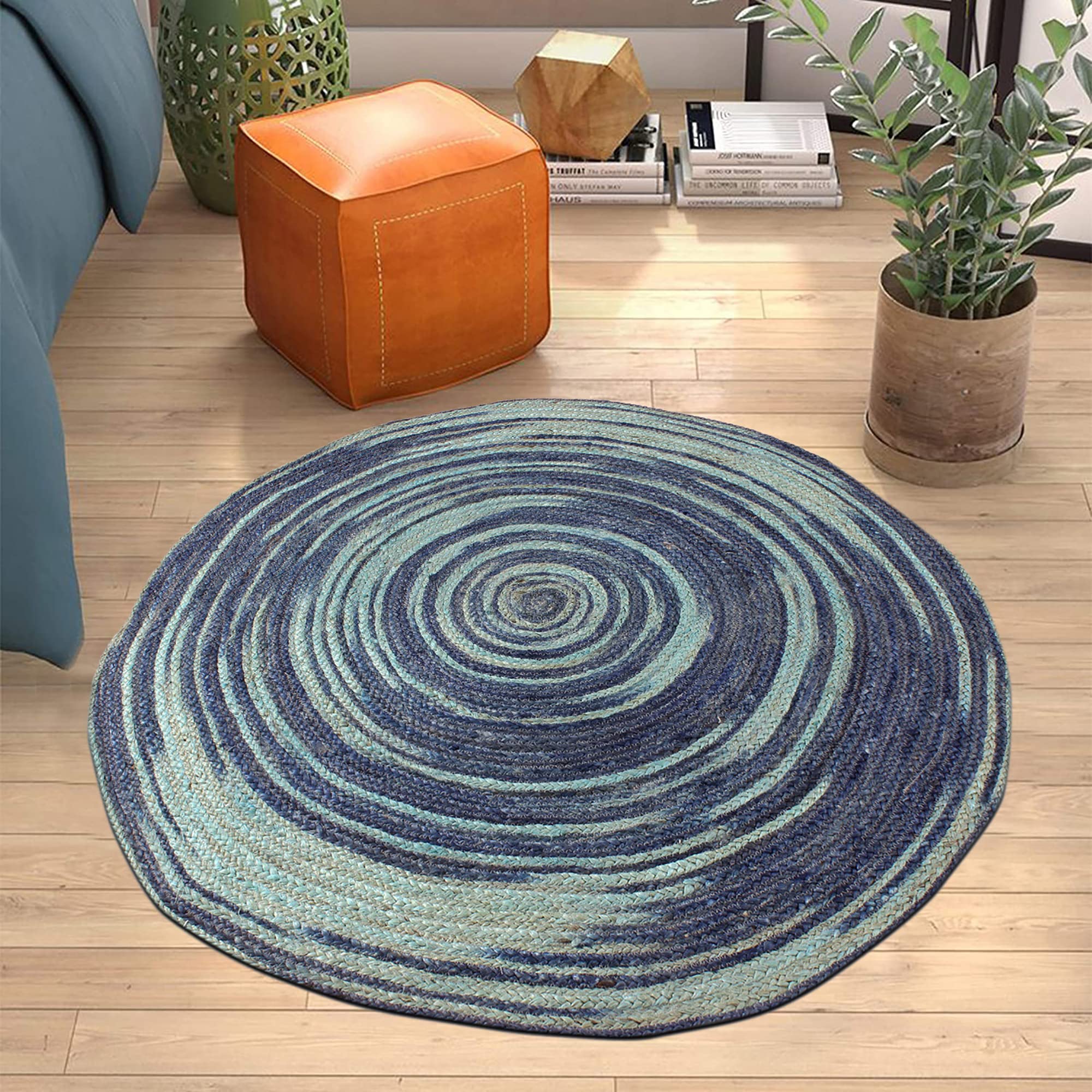 Tapis indien fait à la main en jute rond multicolore 1,2 x 1,2 m