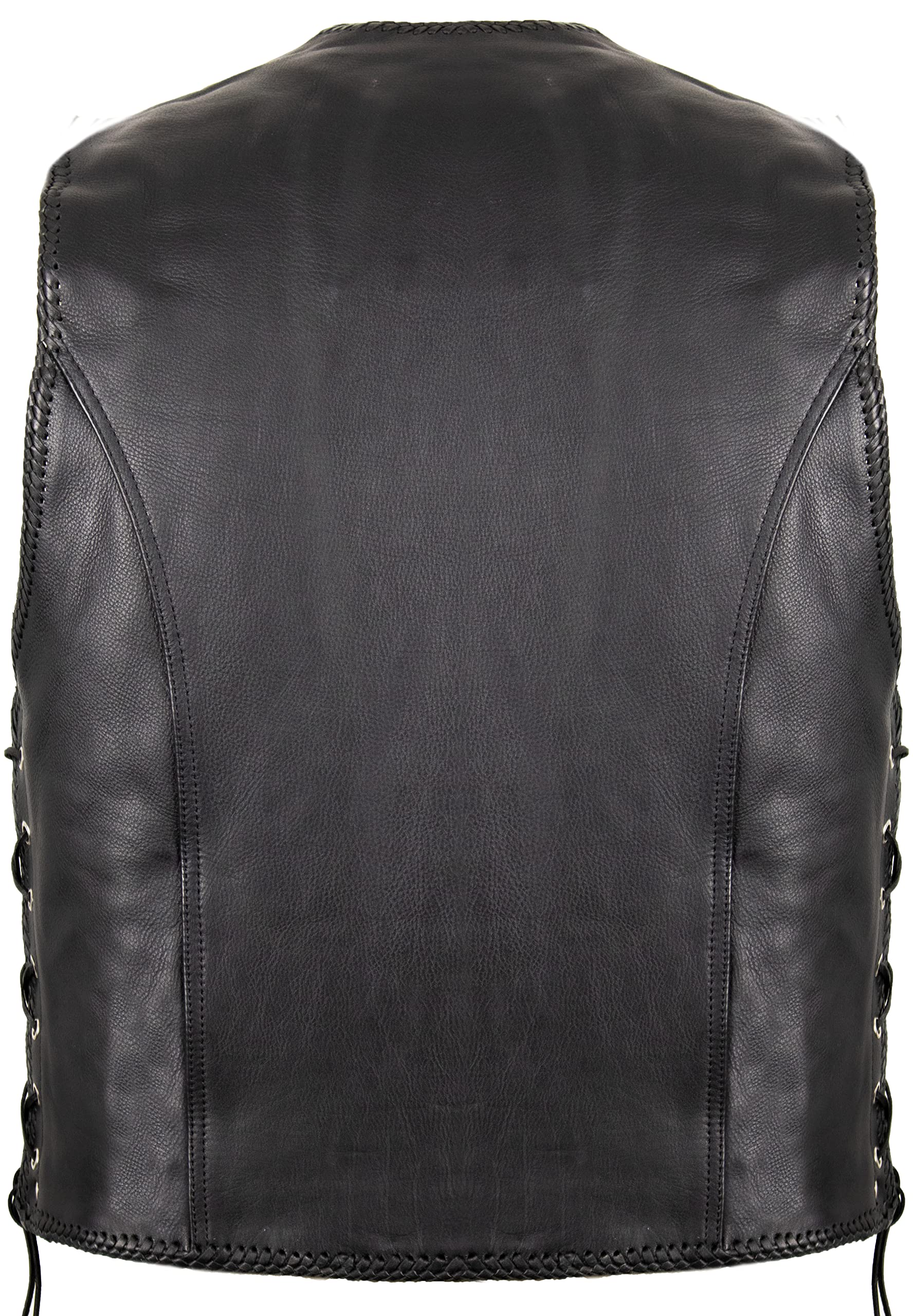 MDM Gilet pelle uomo biker – in vera pelle nera con fibbie cromate, lacci laterali regolabili e tasche multiple, stile chopper classico ideale per patch club moto