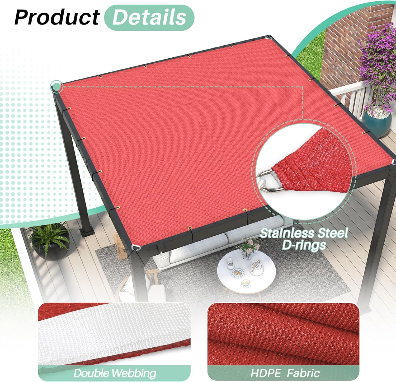 SunnyRoyal 18'x35' Sun Shade Sail Straight Edge with Grommet Rectangle Canopy Awning Fabric Cloth Screen UV Block Heavy Duty Commercial Grade Outdoor Patio Carport (Red)