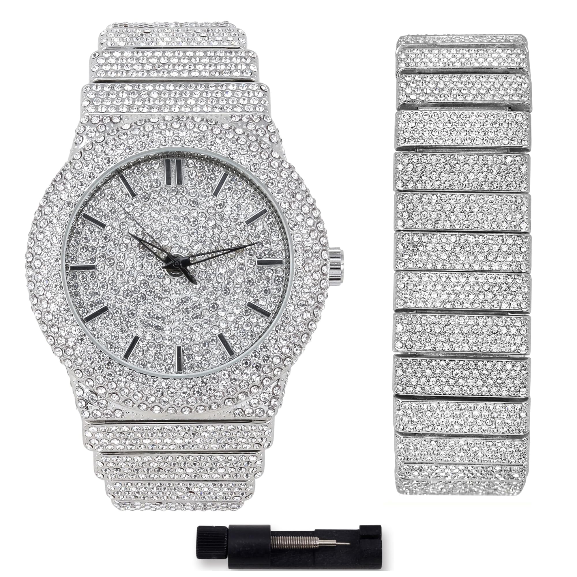 ICE STAR Men's Full Ice Diamond Watch, 46mm Case, Silver - Chandelier Bracelet, Modern
