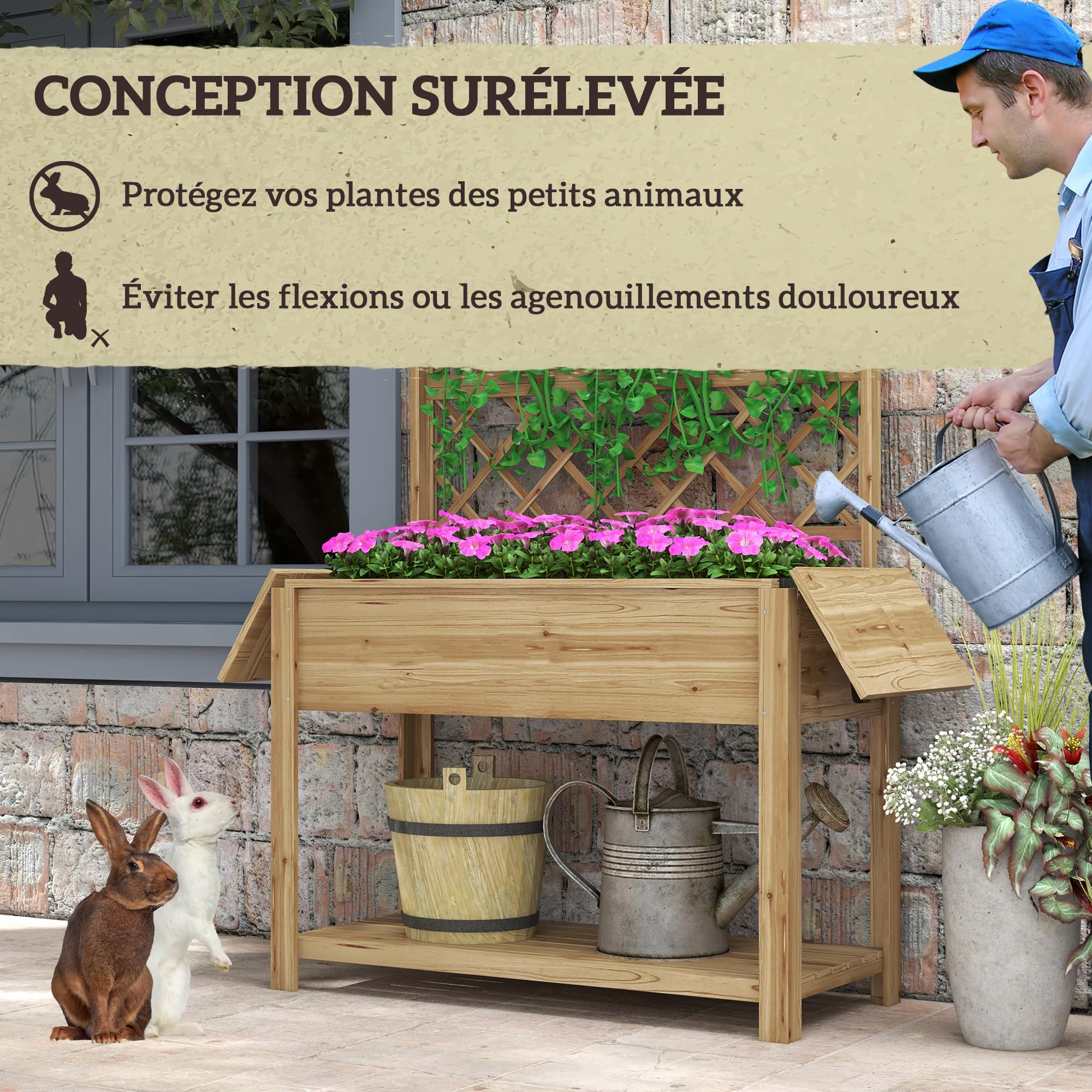 Outsunny - Jardinera rectangular con patas enrejado, 140 x 45 x 151 cm | Huerto elevado, 1 estante inferior, 2 estantes laterales abatibles, madera