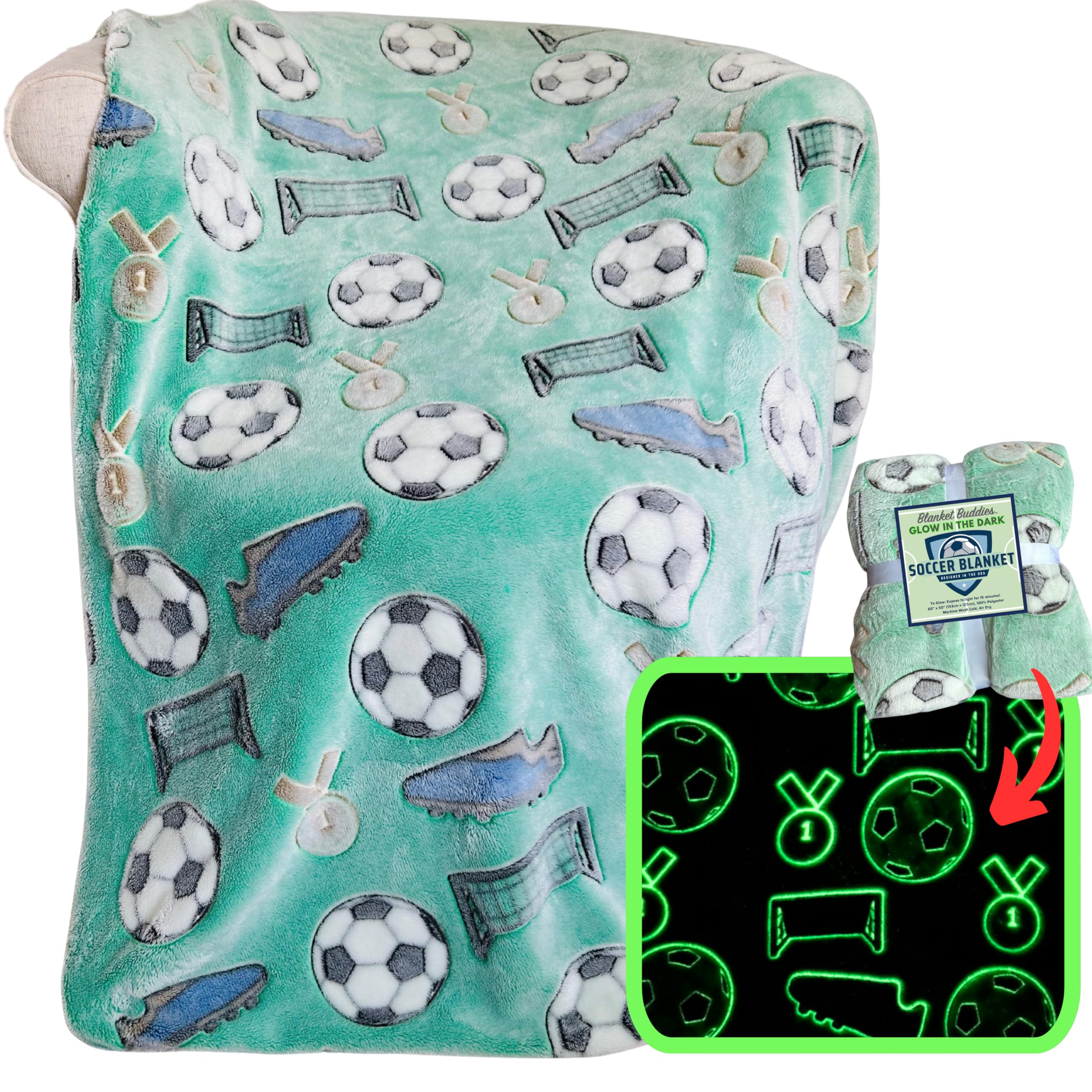 Soccer Throw Blanket: Glow in The Dark, Cozy, Soft, Warm Fleece Blanket for Boys and Girls, 50" x 60" (Green)-picture-27