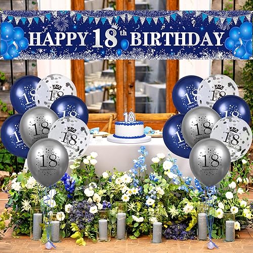 Miniatura 65 de Decoraciones azules de cumpleaños número 10 para niños y niñas, pancarta y globos de feliz cumpleaños número 10 azul marino y plateado
