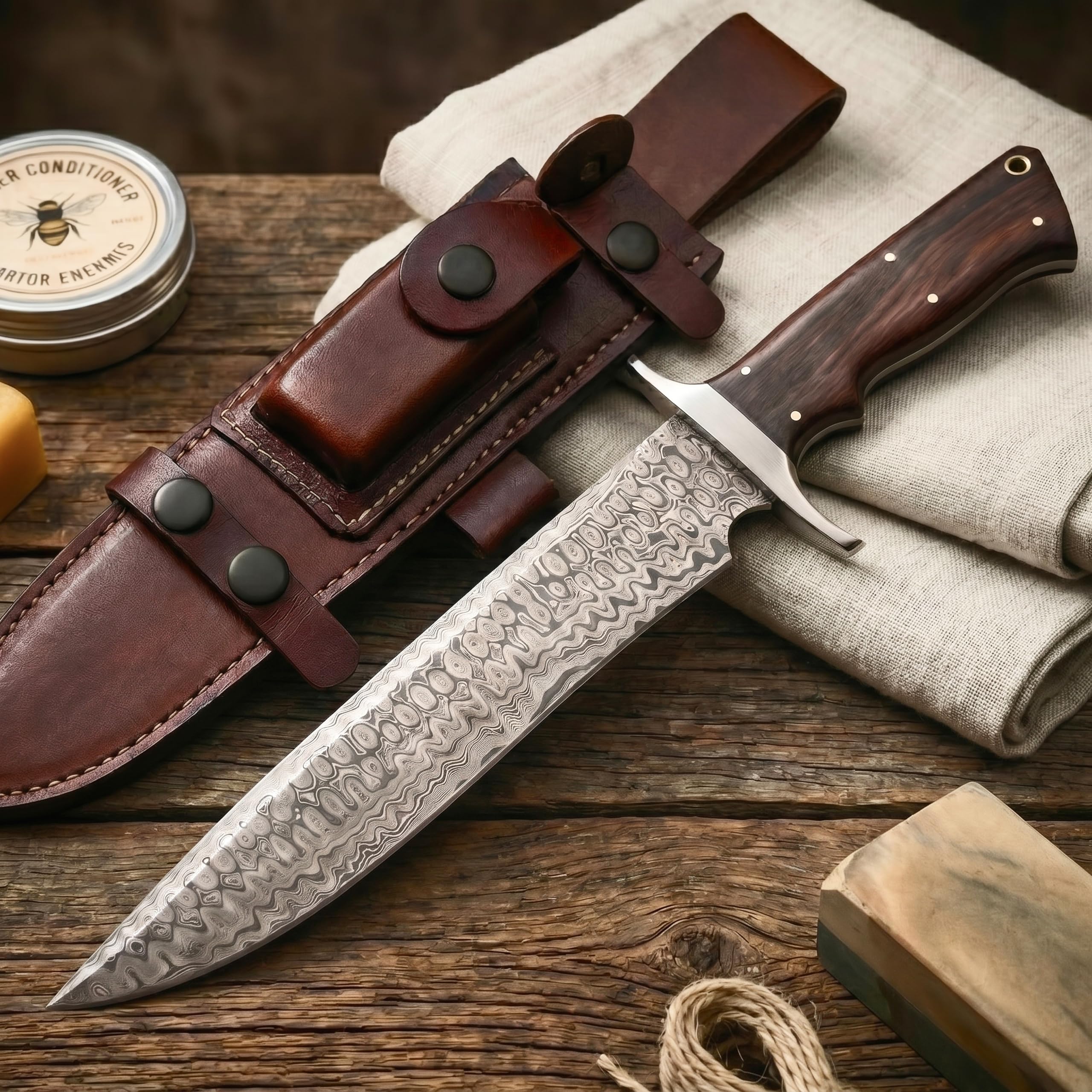 BIGCAT ROAR Patriot - Coltello da Caccia in Acciaio Damasco 35 6 cm - Manico in Legno di Noce e Fodero in Cuoio - Bushcraft Campeggio Sopravvivenza - Regalo Uomo Cacciatore o Collezionista