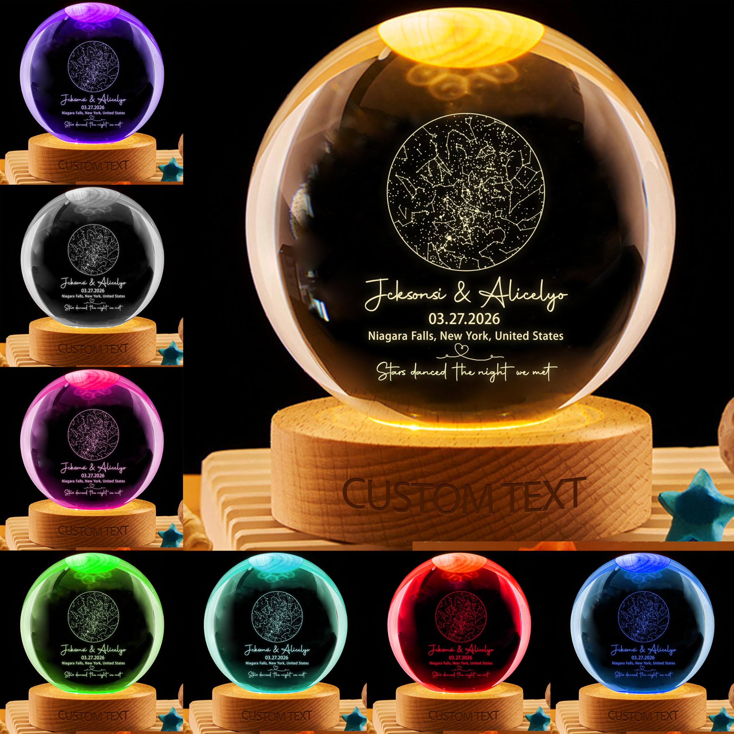NOONATIVE Personalized Couple Moon Phase Crystal Globe Lamp,Custom Real Moon Phase Crystal Ball LED Night Light with Name Date,Anniversary Valentines Day Gifts for Her Him Couple